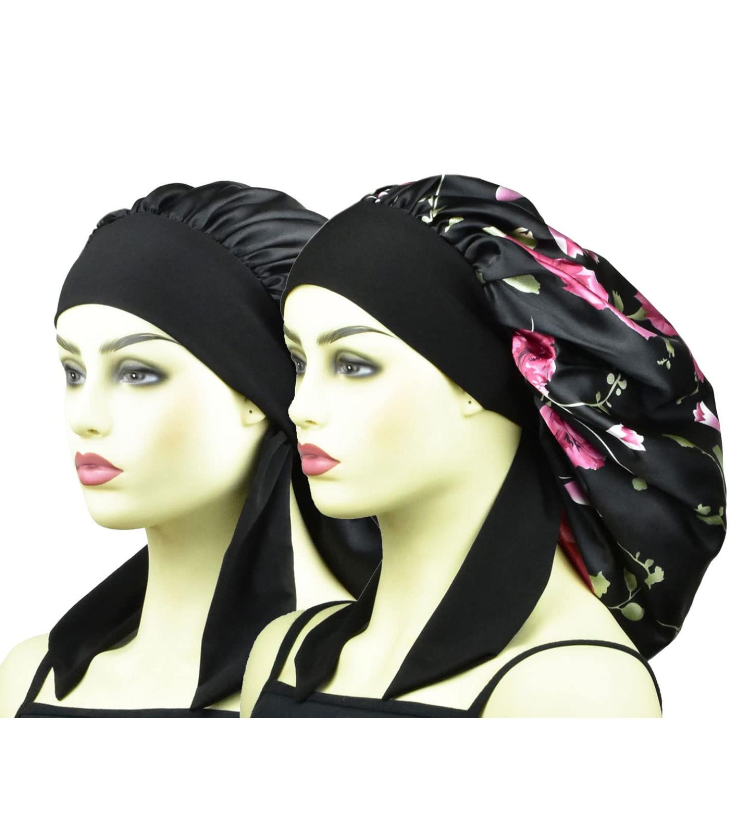 Satin Silk XL Hair Bonnet for Long Curly Hair - Black+Rose - Buy Online on GoSupps.com