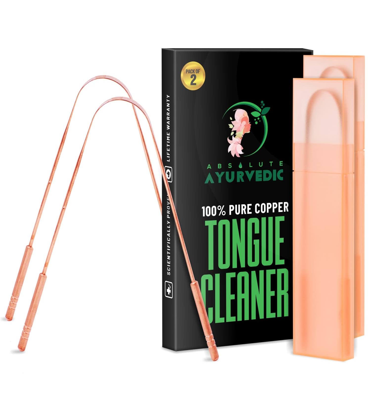 Absolute Ayurvedic Copper Tongue Scraper 2 Pack - Dentist Recommended Oral Hygiene Tool for Fresh Breath - Reusable Metal Cleaning for Adults and Kids - Buy Online on GoSupps.com