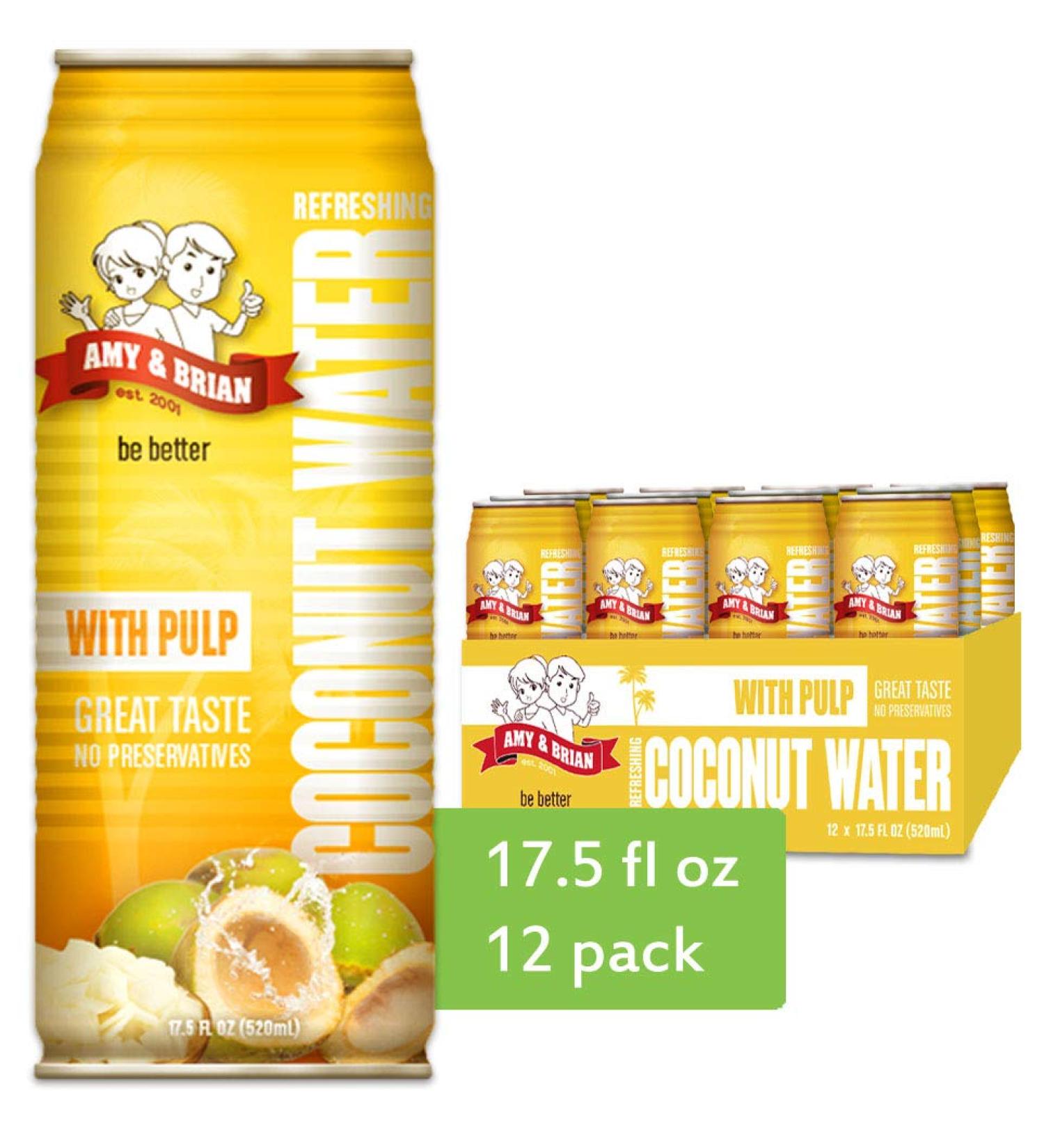 Amy & Brian Pure Coconut Water with Pulp - Non-GMO, No Sugar Added, 17.5oz Cans (12-Pack) - Refreshing & Hydrating - Buy Online on GoSupps.com