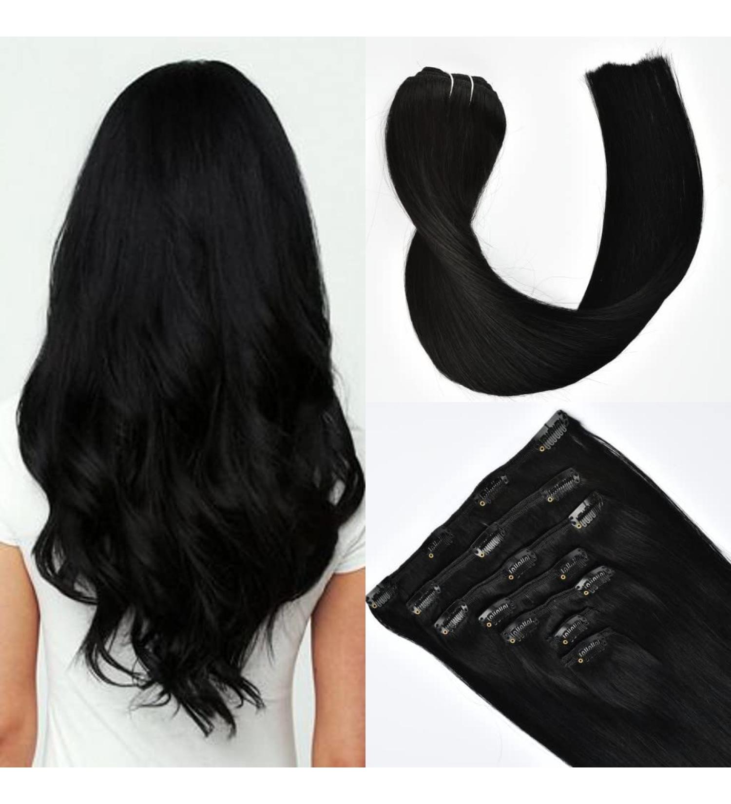 Remy Clip-in Human Hair Extensions - 7pcs Full Head 120g Straight for Women (#1 14) - Premium Quality Hair Clips - Buy Online on GoSupps.com