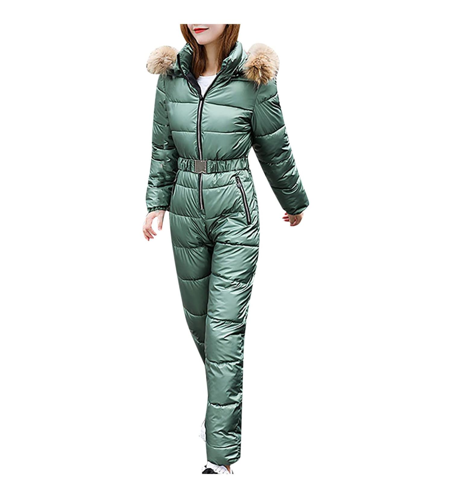 Women's Winter Hooded Snowsuit - Green Puffer Snow Jumpsuit for Outdoor Sports - Buy Online on GoSupps.com