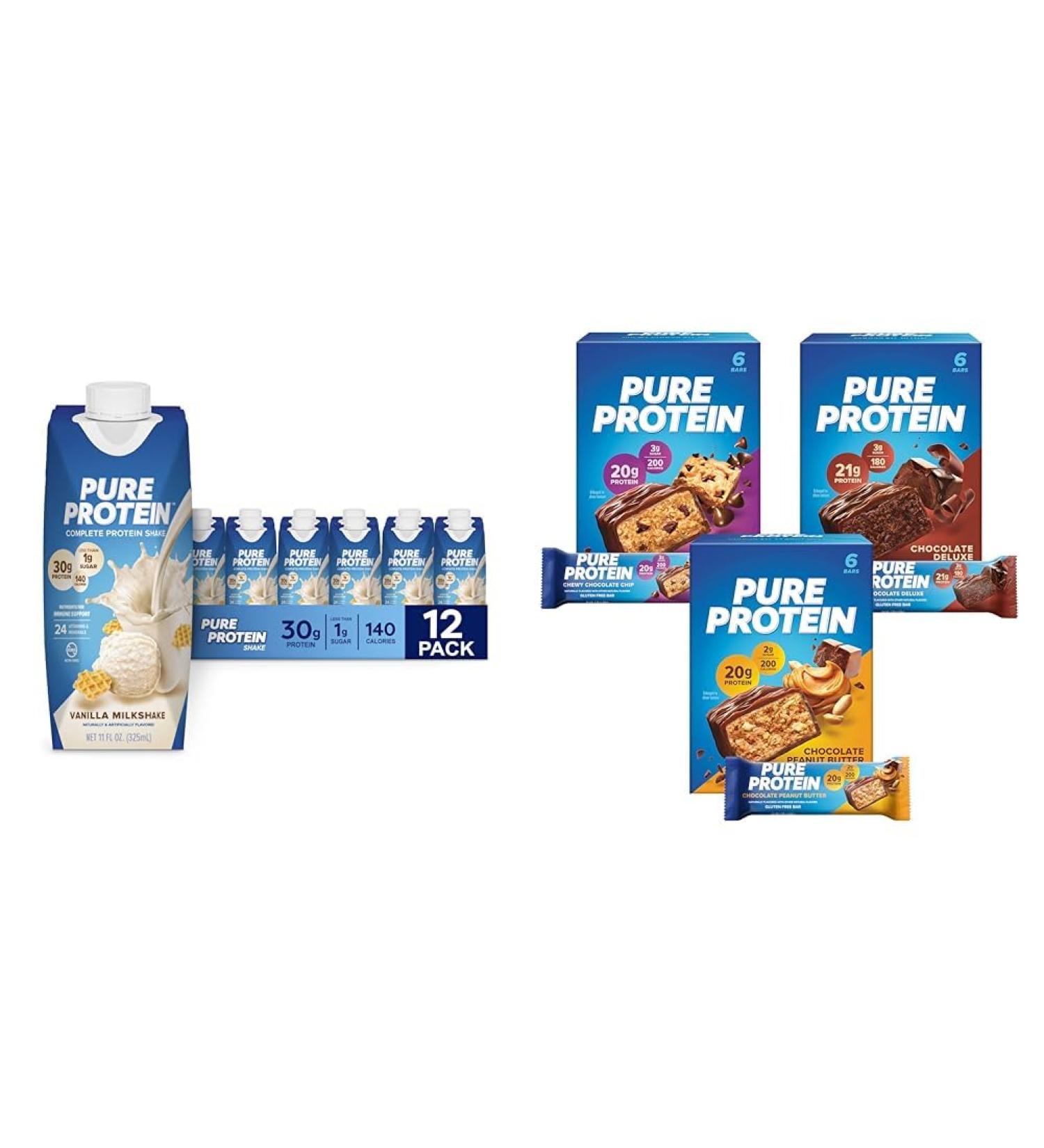 Pure Protein Vanilla Protein Shake 30g Complete Protein & Bars High Protein Nutritious Snacks to Support Energy Low Sugar Gluten Free Variety Pack 1.76 oz Pack of 18 (Packaging May Vary) - Buy Online on GoSupps.com