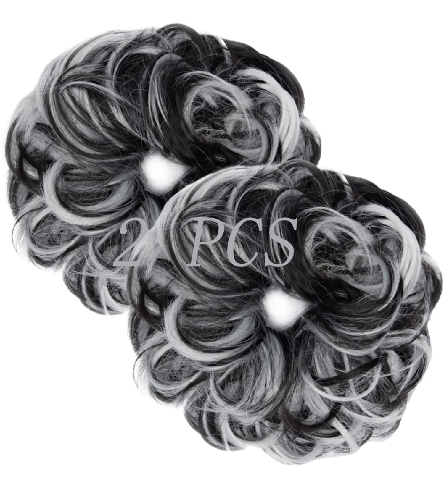 2 PCS Messy Bun Hair Scrunchies, Natural Black Mix Silver Grey - Updo Ponytail Hair Extension for Women | Hair Accessories - Buy Online on GoSupps.com