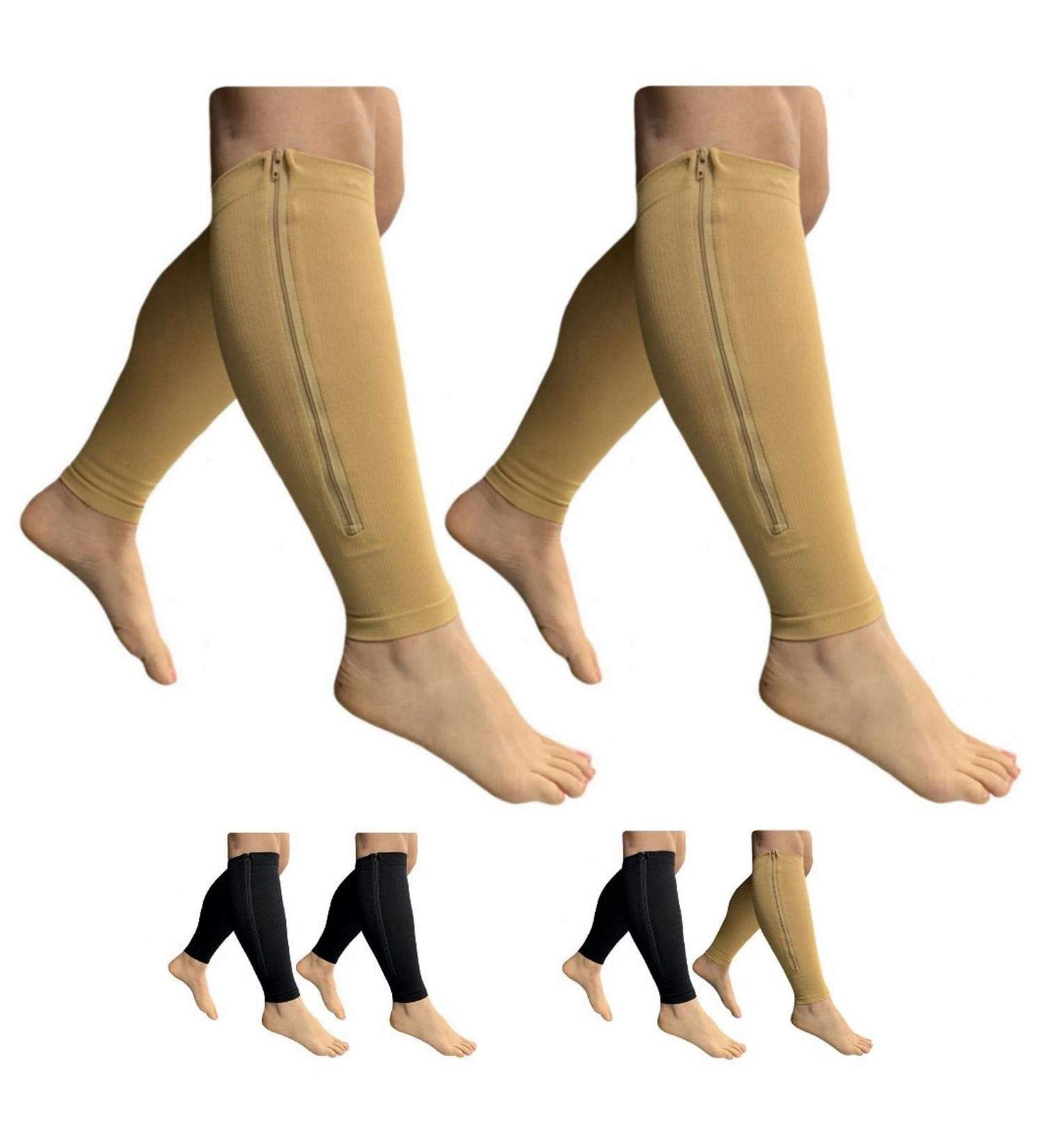 Footless 15-20 mmHg Zipper Compression Leg Calf Shin Sleeves - 2 Pairs (Beige Combo 5X-Large) for Optimal Support & Comfort - International Shipping Available - Buy Online on GoSupps.com