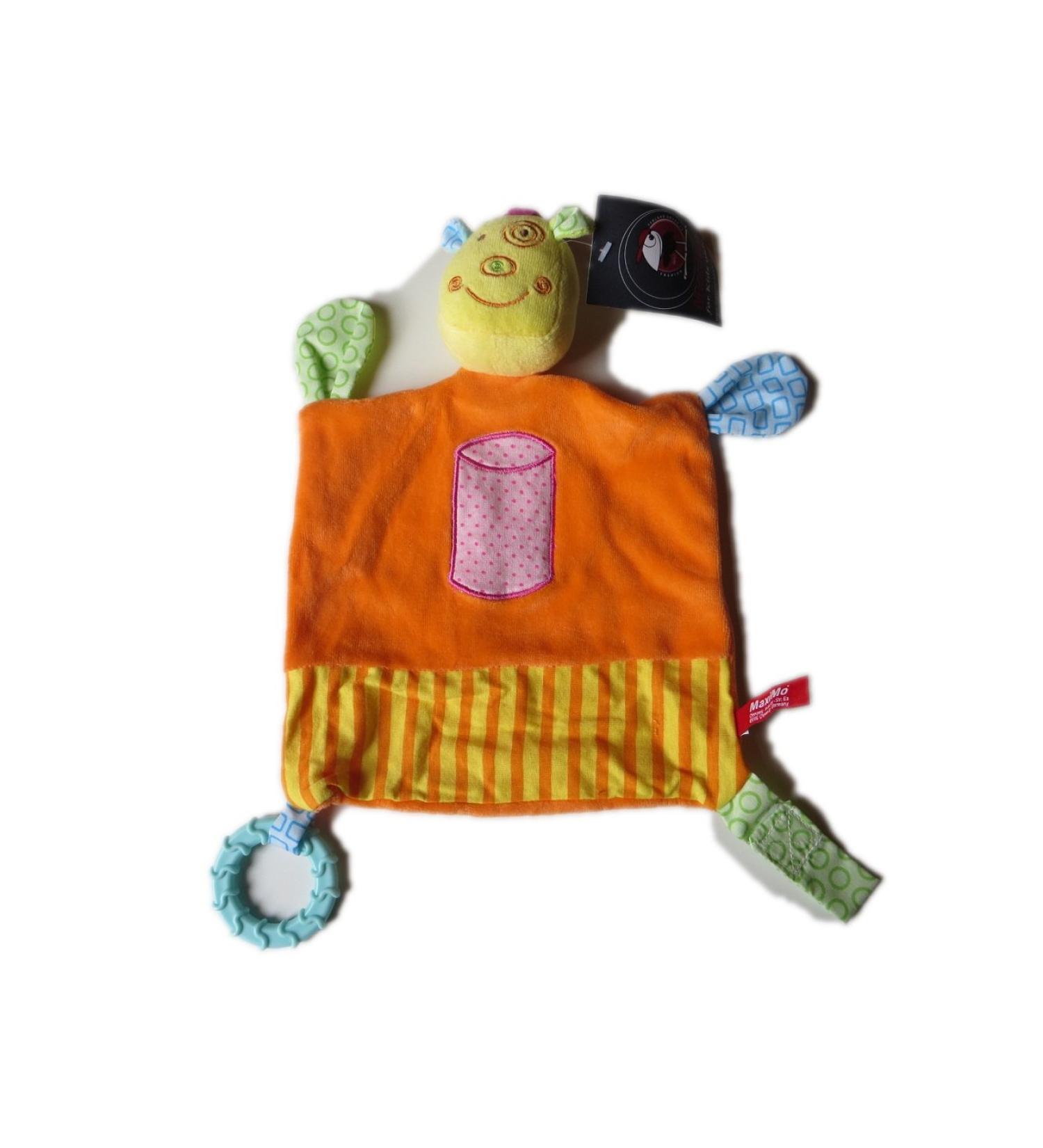 MaxiMo cuddly blanket giraffe coral/citrus with rattle and ring