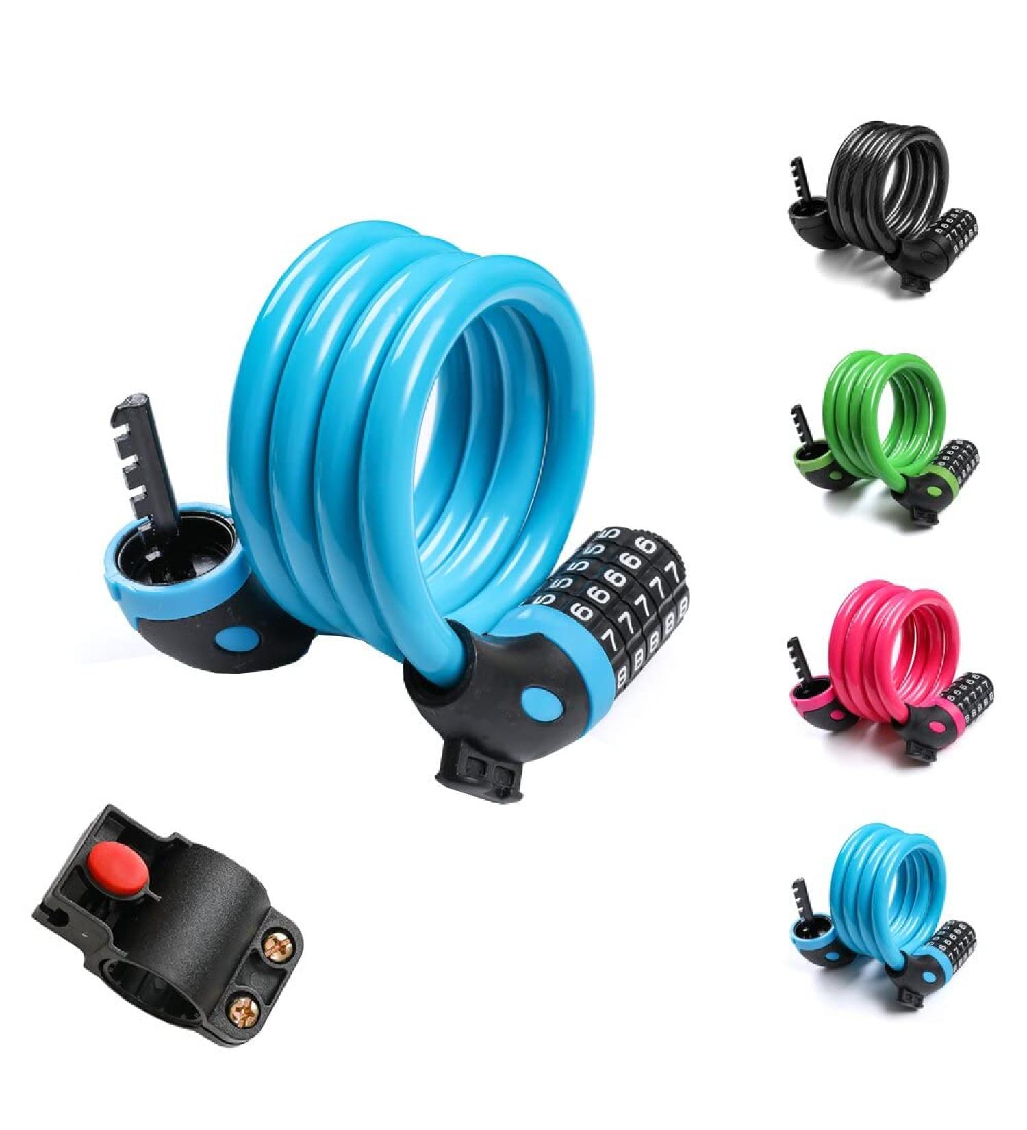 4ft Coiled Bike Cable Lock with Mounting Bracket - Resettable Combination, 1/2 Inch Diameter (Blue) - Buy Online on GoSupps.com