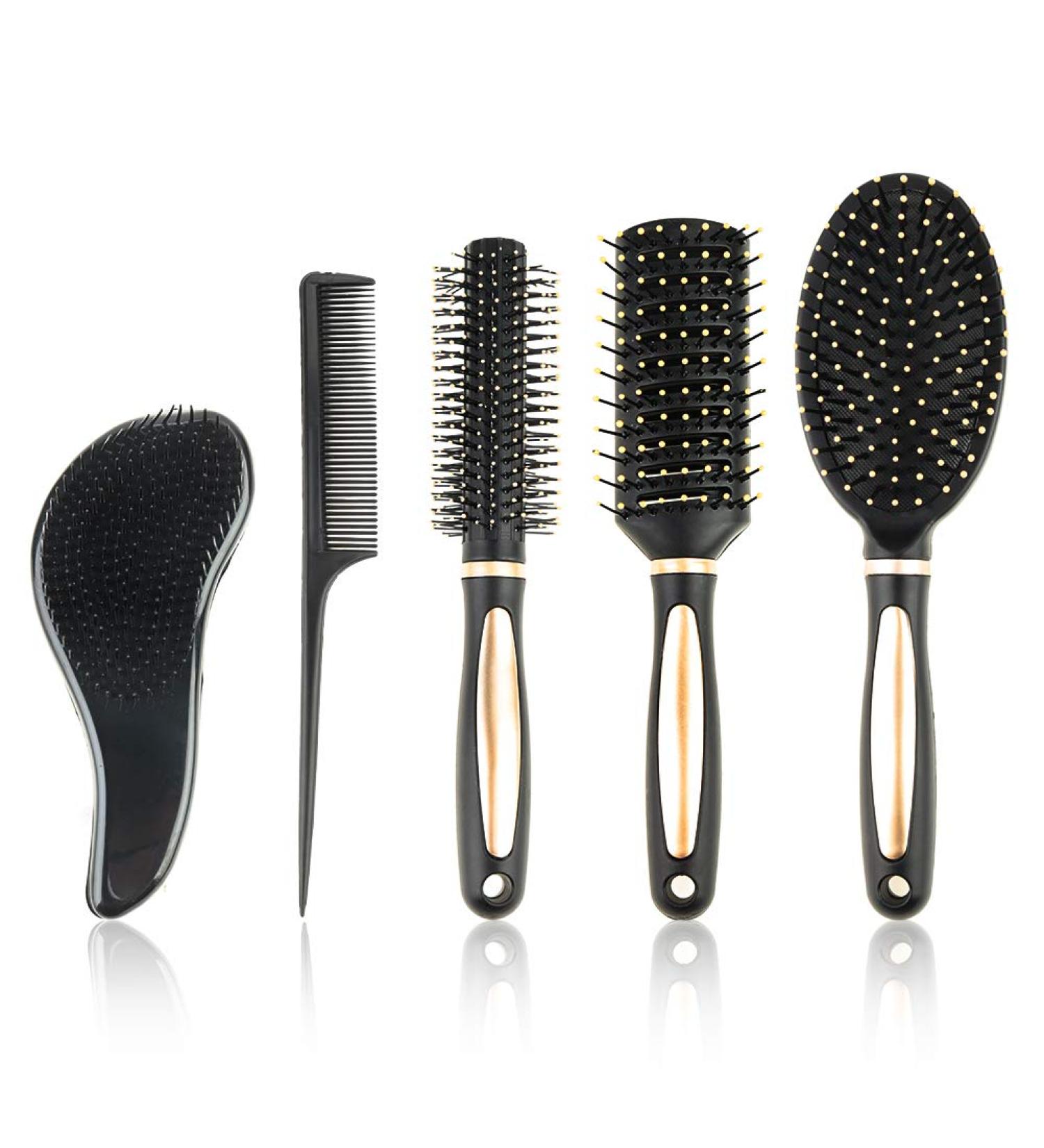 5-Piece Hair Brush Set for Women and Men - Detangling, Paddle, Round, Tail Comb, Wet/Dry Brush - Black - Buy Online on GoSupps.com