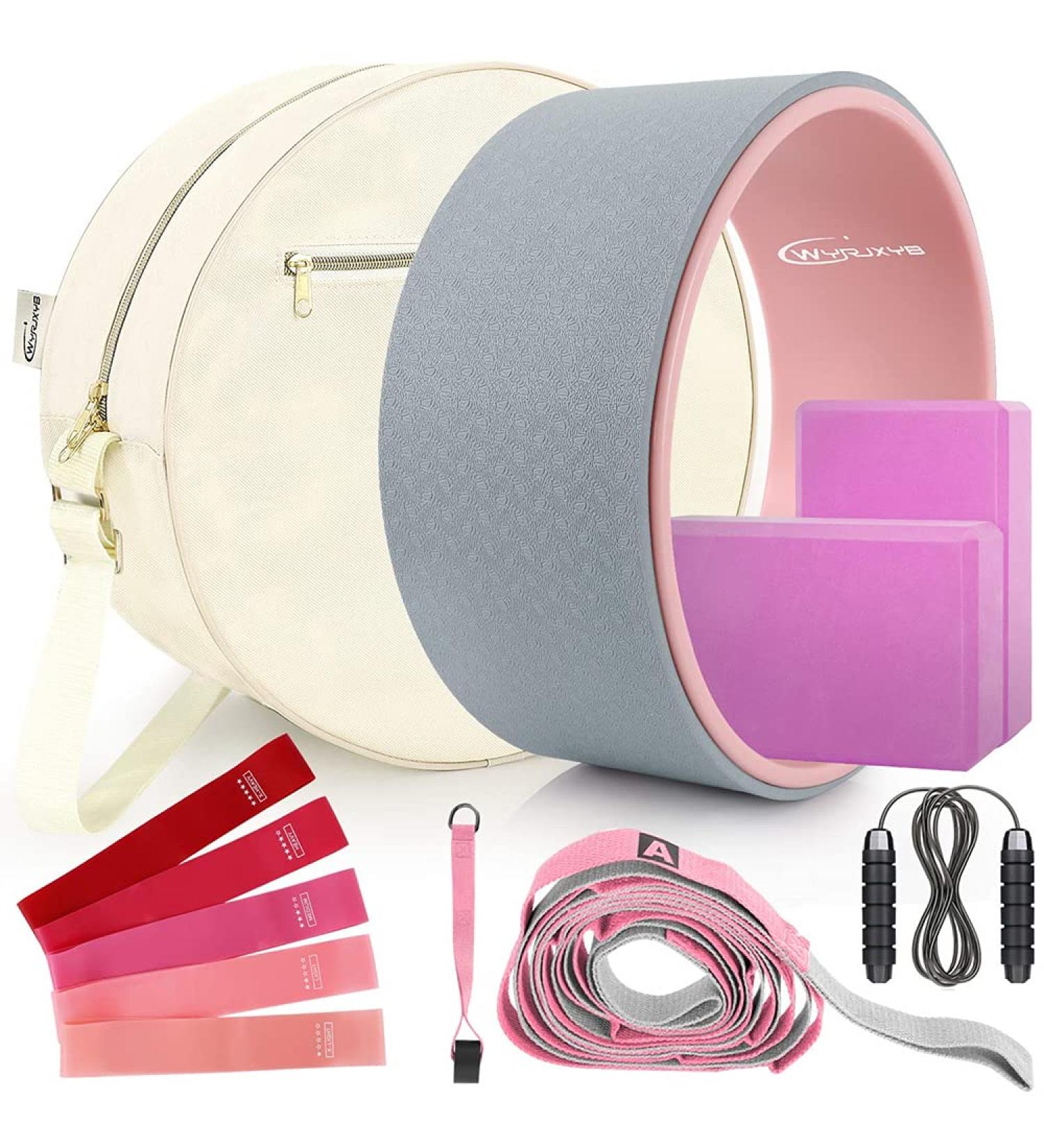 11-in-1 Yoga Wheel Set for Back Pain Relief - Includes Yoga Blocks, Strap, Resistance Bands, Bag, Jump Rope - Gray - Buy Online on GoSupps.com