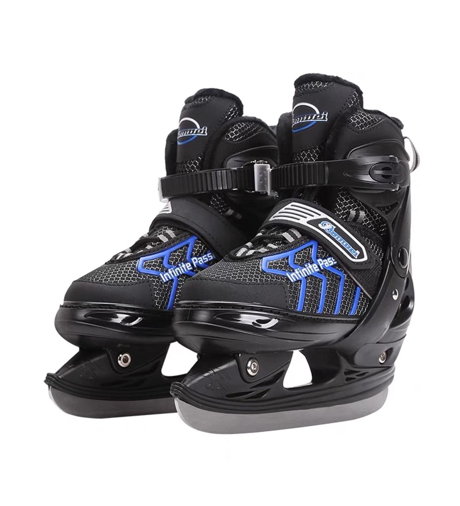 DUWIN Adjustable Ice Hockey Skates | Black Blue XL | For Boys Girls Youth Men Women Beginners | Size (8-10) Women's / (7-9) Men's - Buy Online on GoSupps.com