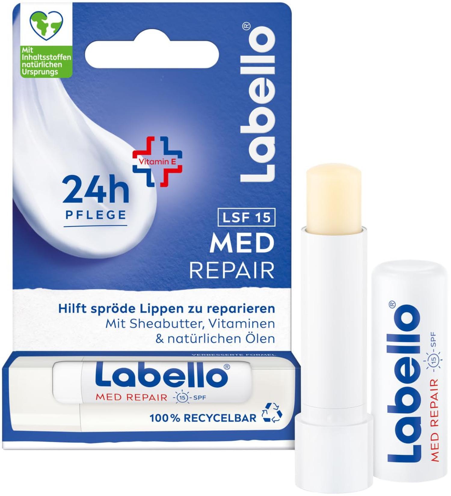 Beiersdorf Labello Med Repair Lip Balm without mineral oil with SPF 15 and vitamin E for brittle lips lip balm with shea butter and natural oils 48 g Stift Repair lip balm - Buy Online on GoSupps.com
