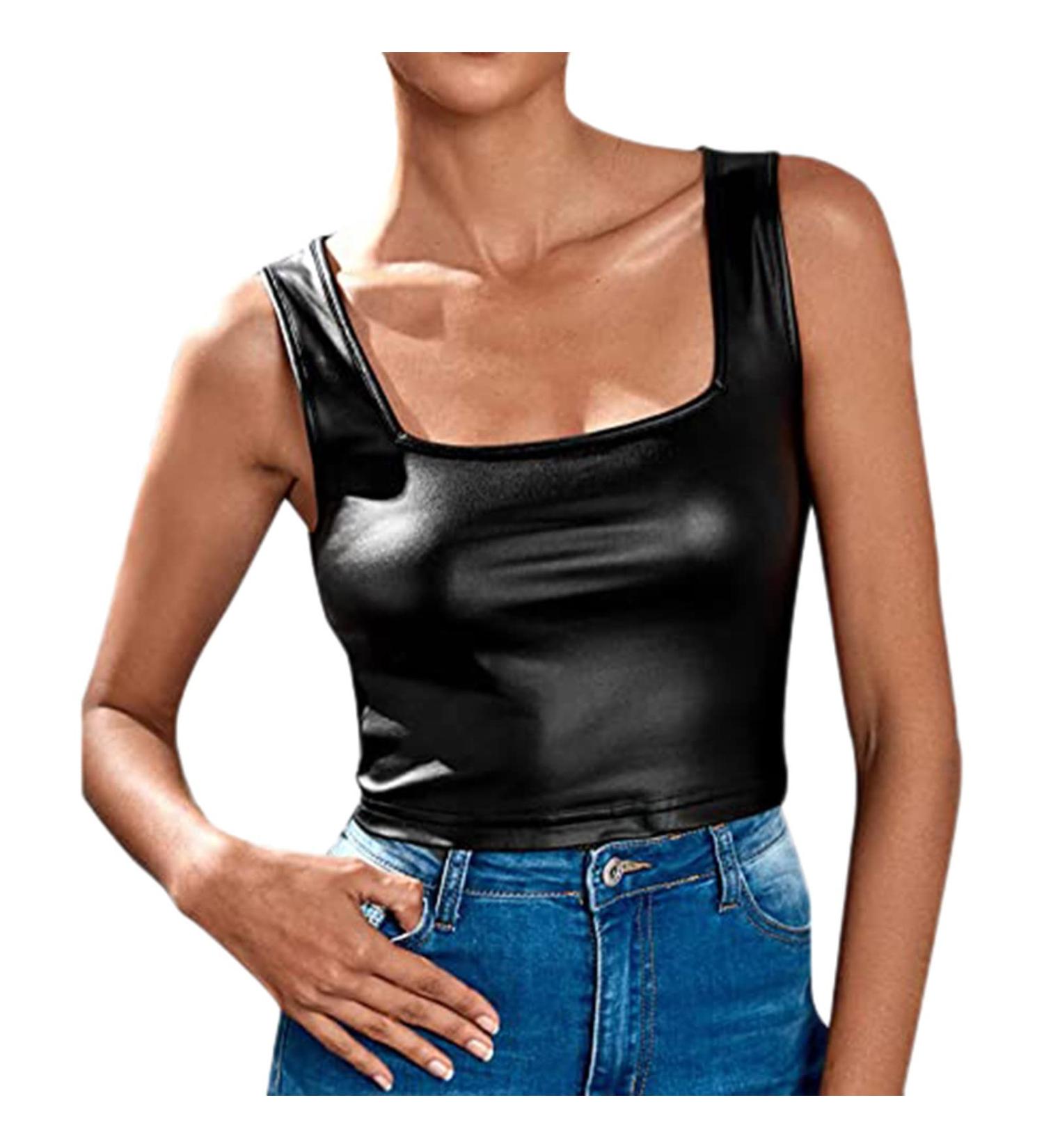 Shop Women s Metallic Crop Top Neckholder Bustier Shiny Black Leather Clubwear Ideal Dance Costume | International Shipping Available - Buy Online on GoSupps.com