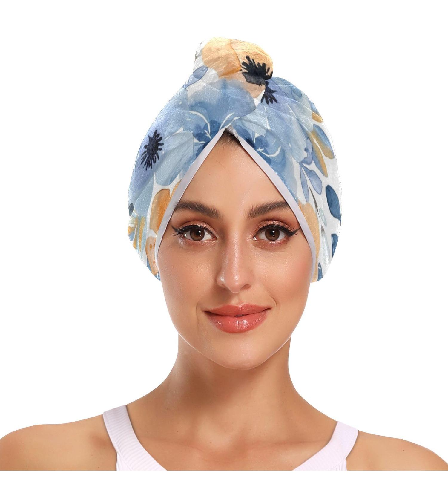 Watercolor Blue Beige Flower Hair Towel 2 Pack - Super Absorbent Quick Dry Hair Turbans for Women & Girls - Buy Online on GoSupps.com