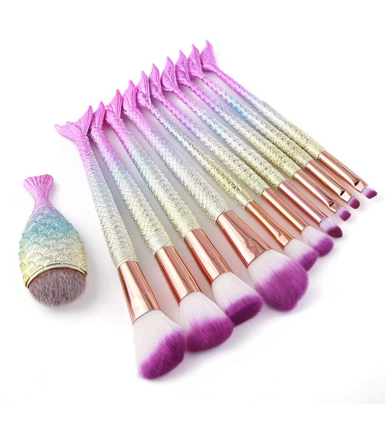 Mermaid Makeup Brushes Set - 11pcs Professional Blending Brush Kit for Women, Synthetic Fiber Bristles, Special Cosmetic Tools (Purple & Yellow) - Buy Online on GoSupps.com