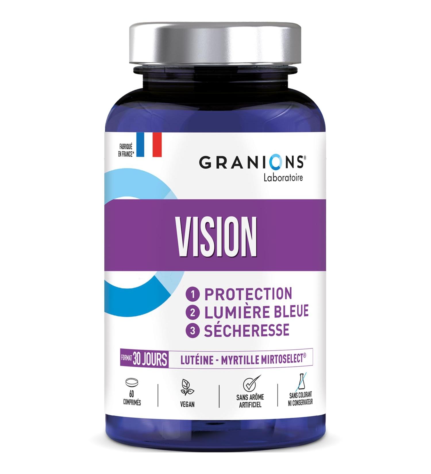 Vision GRANIONS | Eye Supplement | Mirtoselect + Lutein + Zeaxanthin + Vitamins | Eye tension sight dry and tired eyes | Made in France | Size 1 Month - Buy Online on GoSupps.com