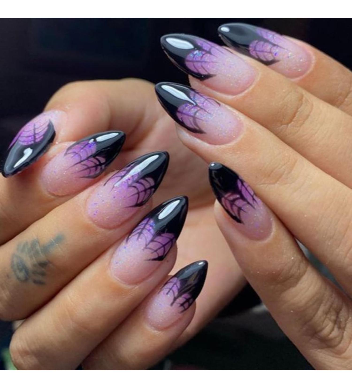 24 Pcs Halloween Press on Nails - SHANRUN Ombre Purple & Spider Web Design Short Almond Fake Nails Full Cover Acrylic Nail Art Tips for Women - Buy Online on GoSupps.com