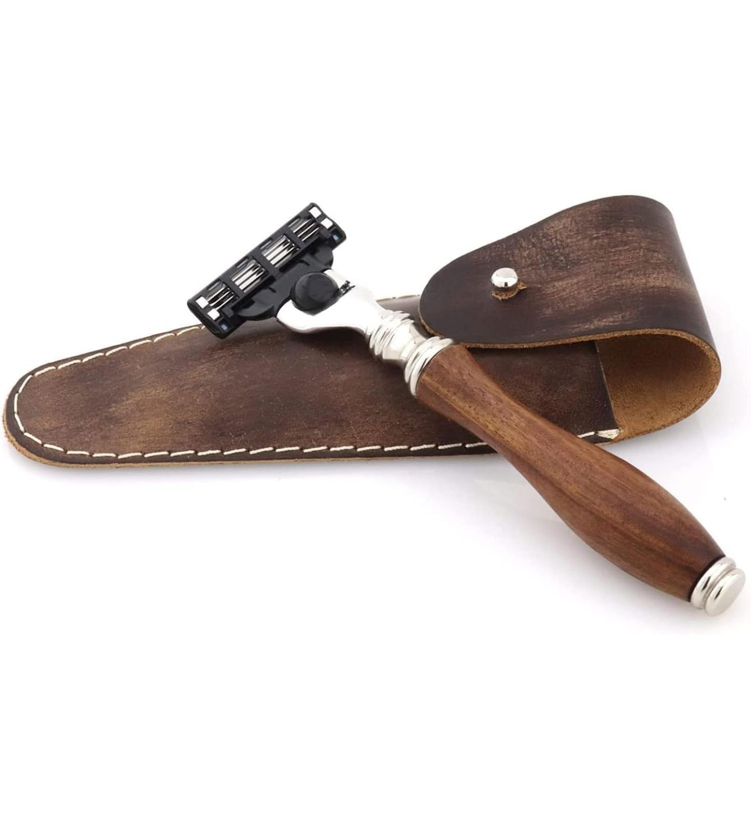 Razor for men wood 3 edges compatible with men's razor & leather bag for safety suitable for wet shaving - gift for men