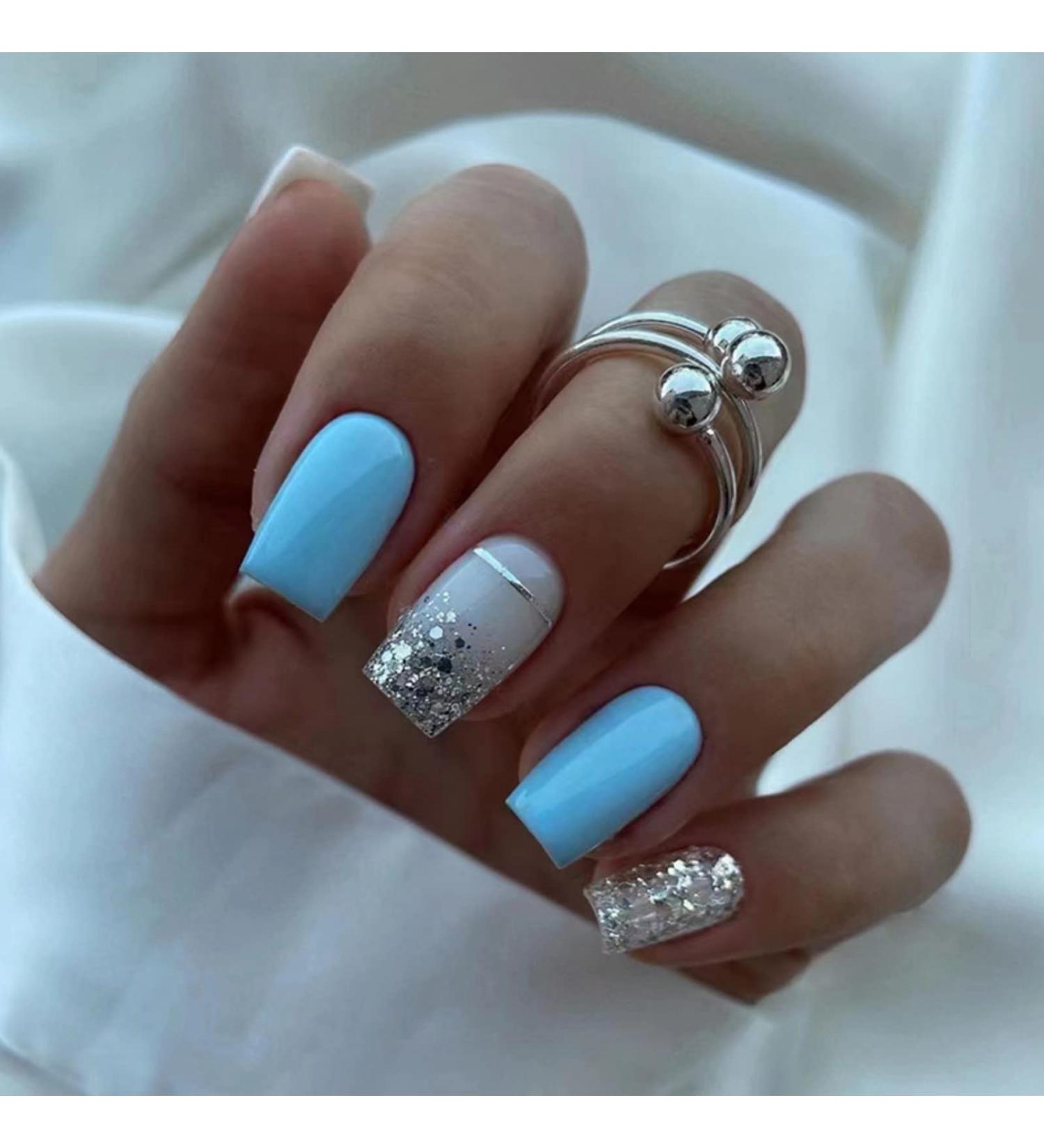 Justotry 24 Pieces Sky Blue Glitter Press-On Nails | Medium Angular French Artificial Nails for Women | Short Acrylic Square Fingernails - Buy Online on GoSupps.com