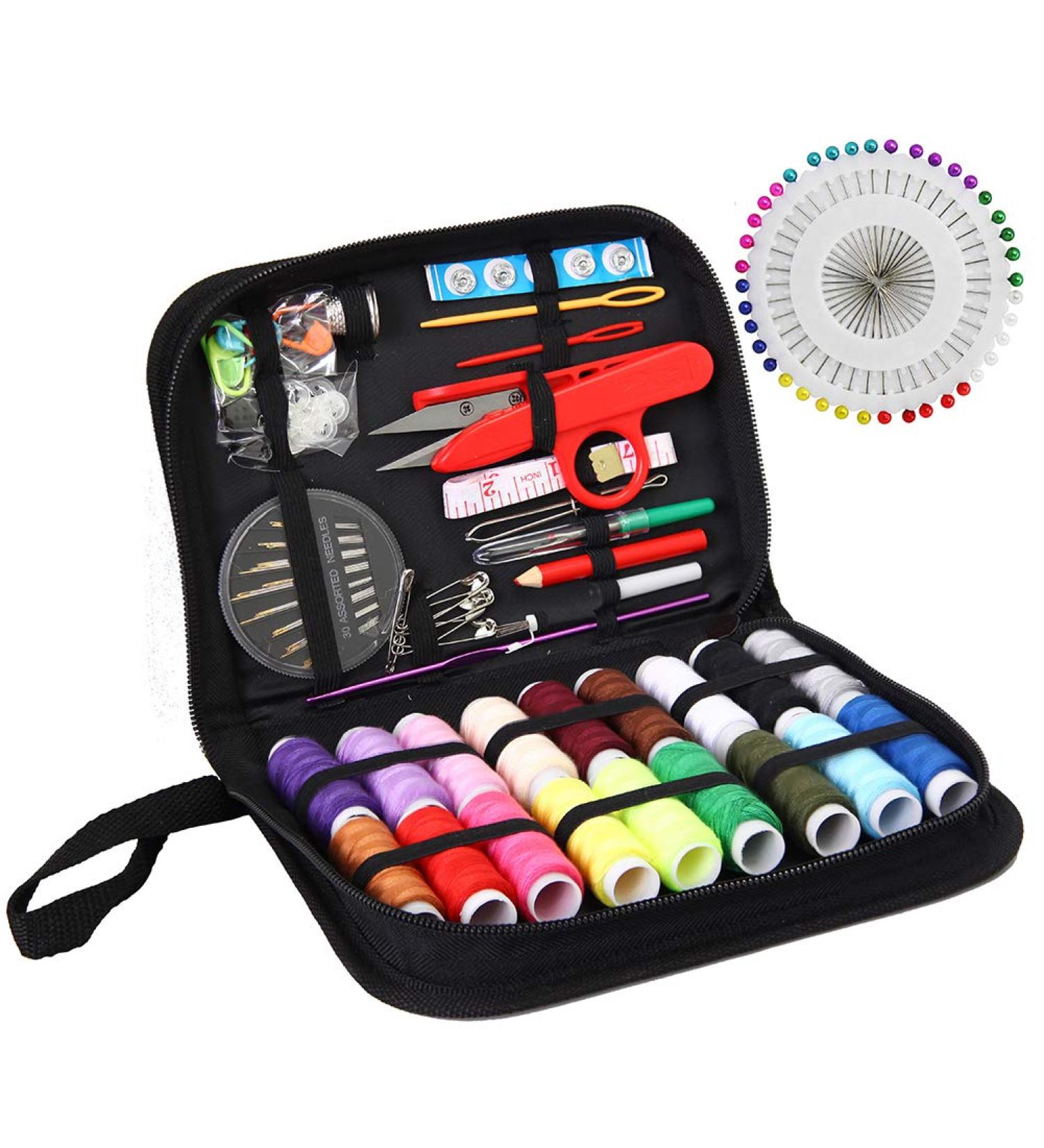 Sewing Kit XL - Portable Sewing Supplies for DIY Beginners & Adults - Includes Scissors, Thimble, Thread, Needles, Tape Measure, Case - Black - Buy Online on GoSupps.com