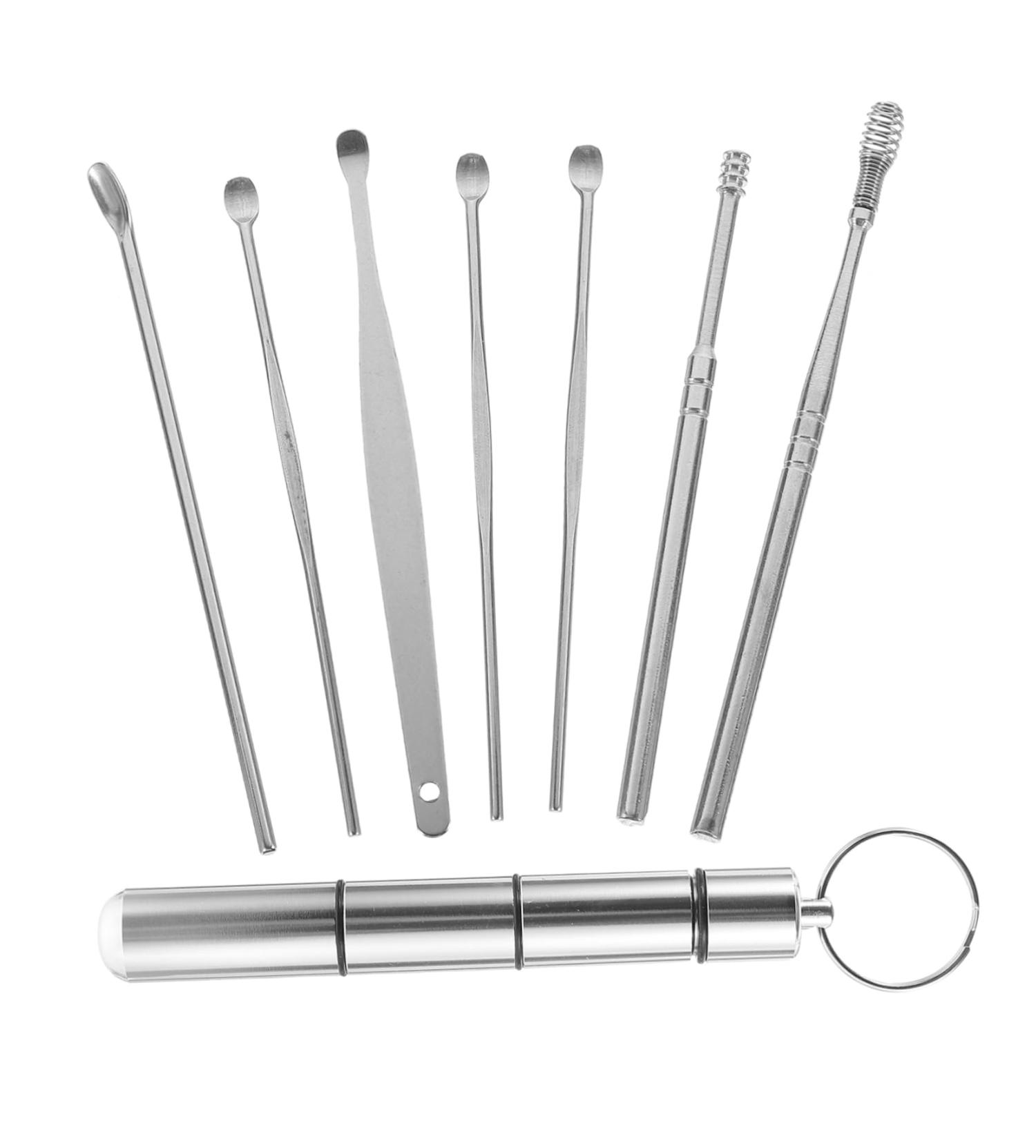 7 Piece Silver Stainless Steel Ear Scoop Set with Rotating Spring for Ear Wax Removal - Buy Online on GoSupps.com