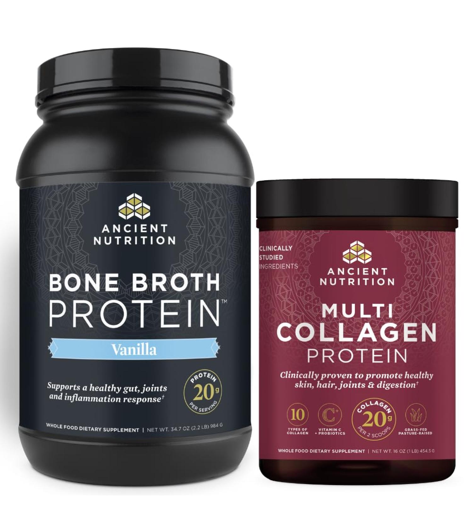 Ancient Nutrition Bone Broth Protein Powder Vanilla 40 Servings + Multi Collagen Protein Powder Unflavored 45 Servings - Buy Online on GoSupps.com