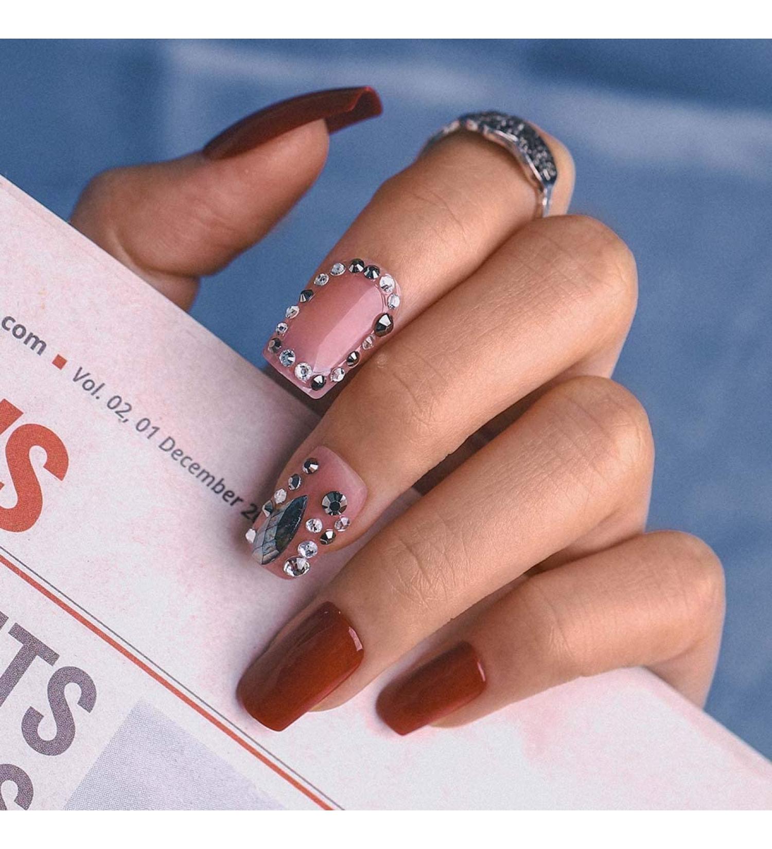 Sethexy Medium Glossy Red Sparkle False Fingernails with Glue | 24pc Acrylic Press-On Nails with Rhinestones for Women & Girls - Buy Online on GoSupps.com