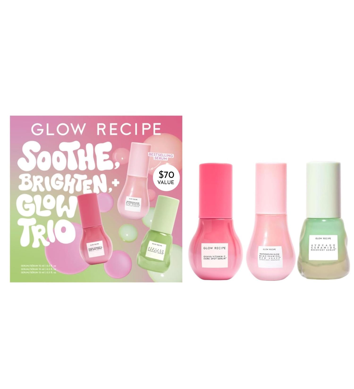 Glow Recipe Soothe Glow & Bright Gift Set - Niacinamide Dew Drops Illuminating Primer & Avocado Ceramide Facial Serum & Guava Dark Spot Serum - Korean Skincare Travel Kit (3 Count) - Buy Online on GoSupps.com