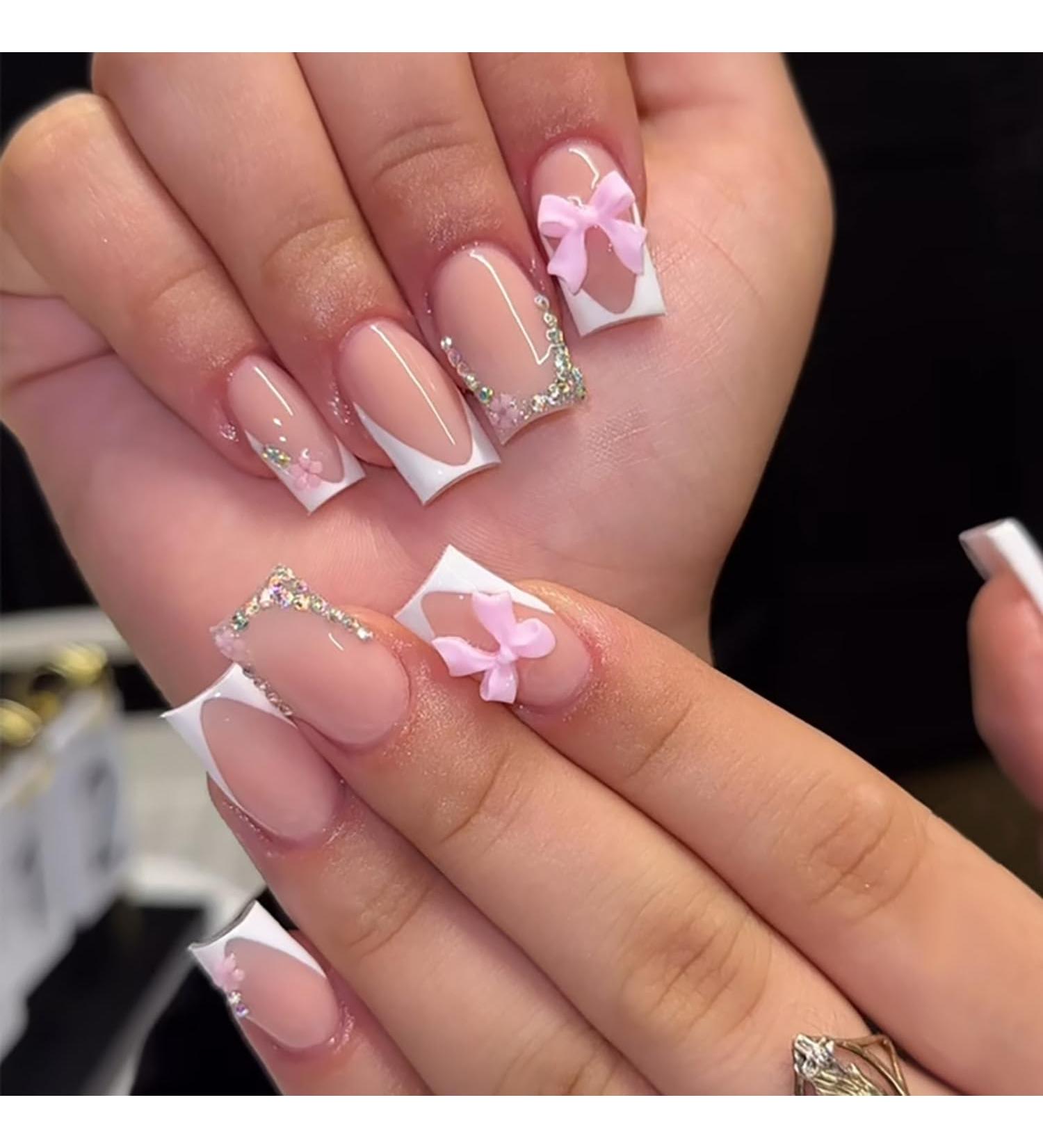 24Pcs French Tip Press on Nails - Medium Length Glossy Coffin Fake Nails with Flower Gems & Bow Designs - Pink Acrylic Full Cover Nail Decor Kits for Women - Easy Glue-On Manicure - Buy Online on GoSupps.com