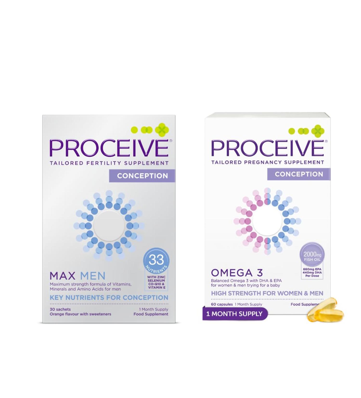 Proceive Max Tailored Fertility Supplements for Men Bundle Men s Pre-Conception Vitamins & Minerals for Pre Pregnancy Support and Omega 3 Fish Oil Supplement - Buy Online on GoSupps.com
