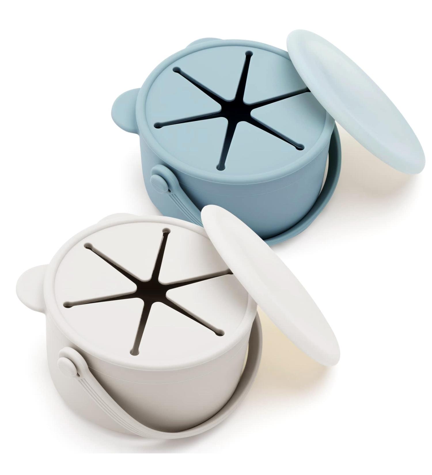 Orzbow Silicone Snack Pots for Toddlers - No-Spill Cups with Stable Lid & Handle - BPA Free - 2 Pcs Blue & Beige - Buy Online on GoSupps.com
