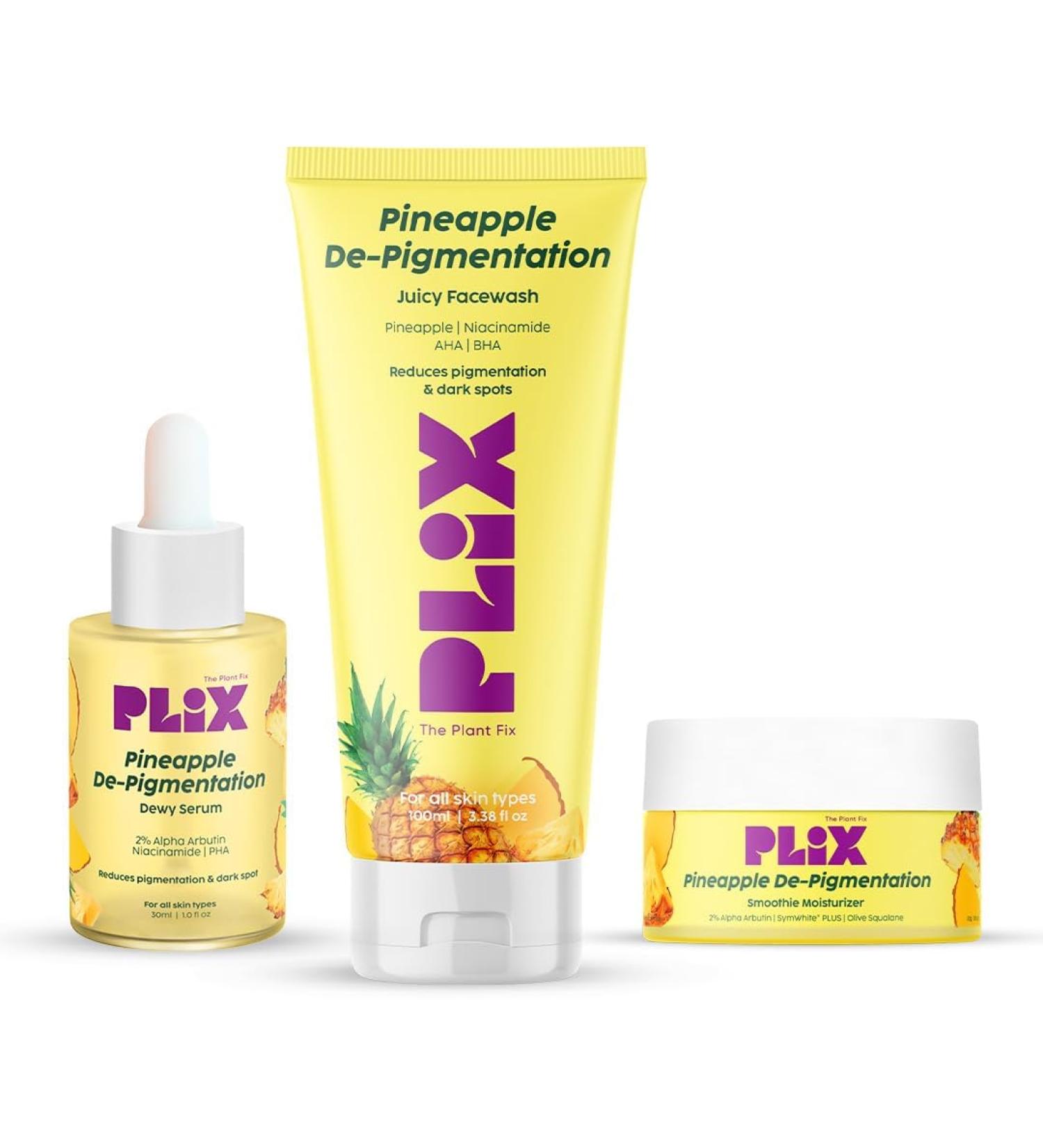 PL'IX - THE PLANT FIX Pineapple Pigmentation Skincare Kit For Dark Spot Removal | Cleanser Face Serum and Moisturizer Combo With 2% Alpha Arbutin For Women & Men Pack of 3 - Buy Online on GoSupps.com