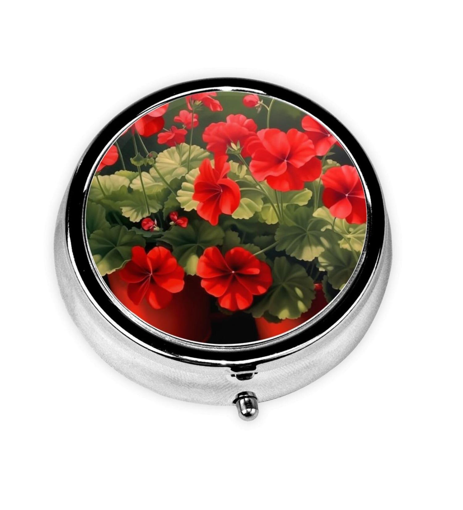 Red Geraniums Portable Metal Pill Box | Round Mini 3-Compartment | Travel Essential for Small Pills - Buy Online on GoSupps.com