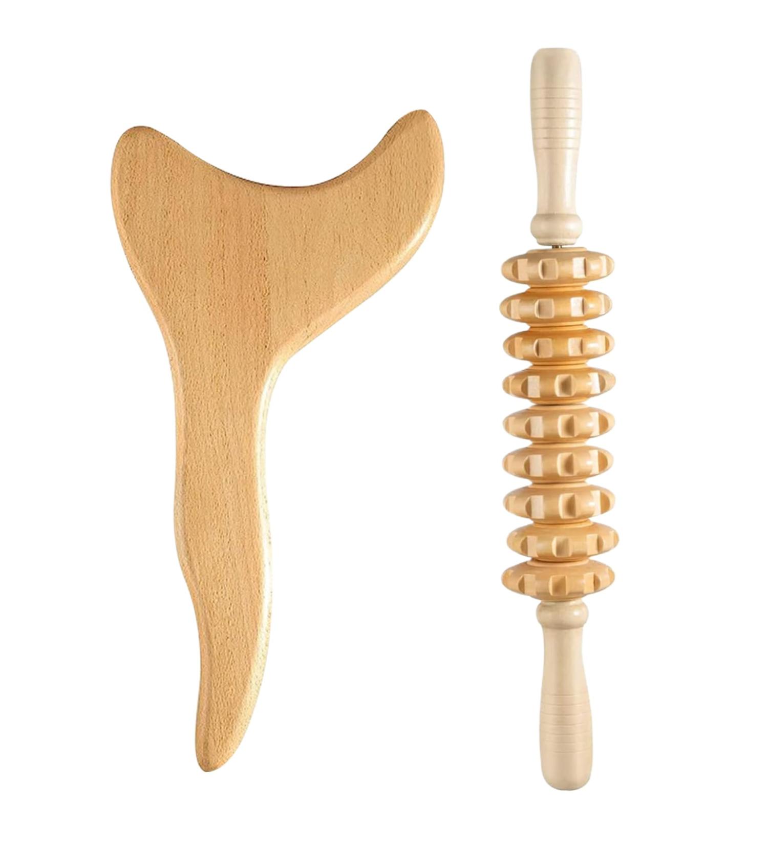 Wood Therapy Massage Tools Kit - 2PC Anti-Cellulite & Lymphatic Drainage 9-Wheel Roller for Body Shaping & Relaxation - Buy Online on GoSupps.com