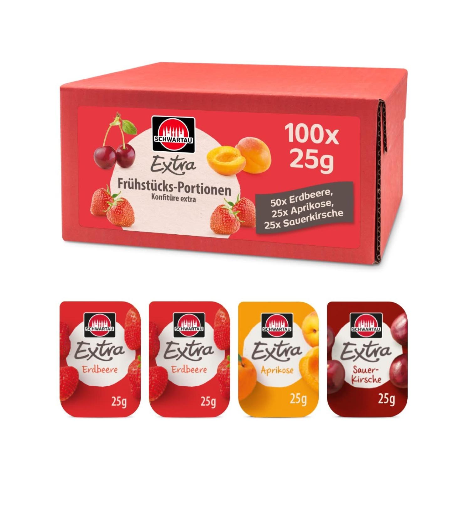 Schwartau Extra Portions Mix Box - 100x25g Jam Portion Shells (50 Strawberry 25 Apricot 25 Sour Cherry) | International Shipping Available - Buy Online on GoSupps.com