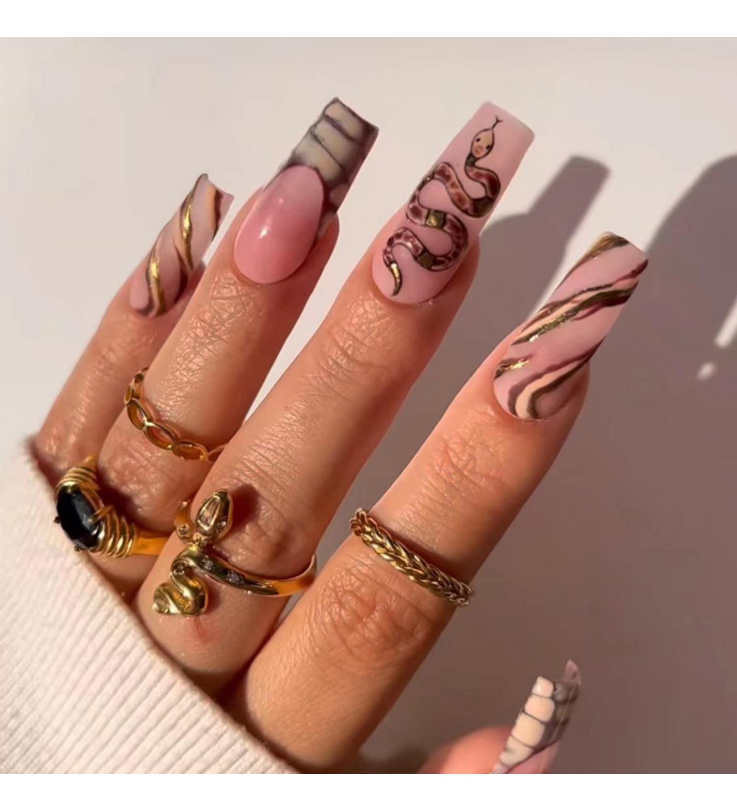 Justotry 24 Pcs Long Snake White French Press on Nails - Medium Pink Ballerina Stick on Nails for Women - Acrylic Coffin False Nails with Glue for Nail Art - Buy Online on GoSupps.com