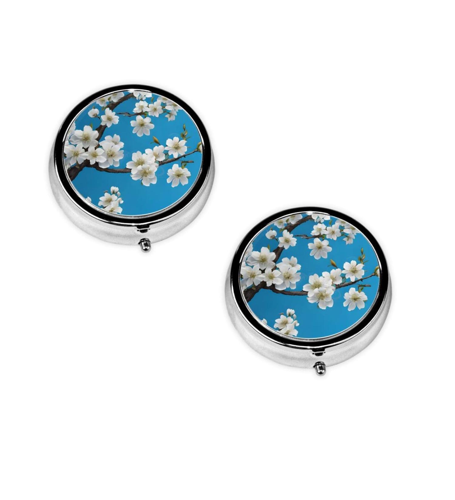Japanese Cherry Flowers Round Pill Box | 3 Compartment Mini Travel Organizer | Portable Decorative Medicine Holder - Buy Online on GoSupps.com
