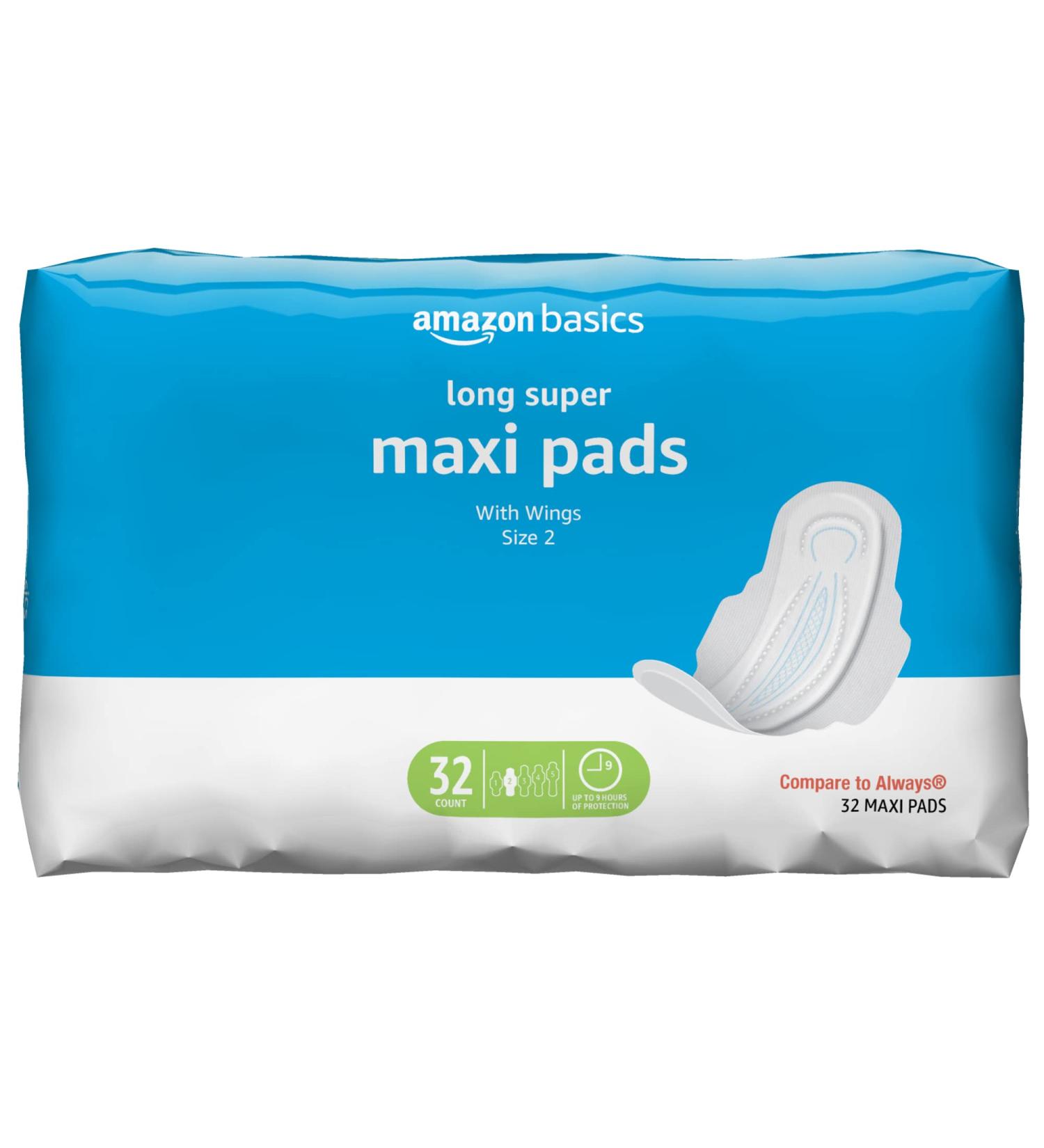Amazon Basics Maxi Pads with Flexi-Wings | Long Length, Super Absorbency | Unscented, Size 2 (32 Count) | 1 Pack - Buy Online on GoSupps.com