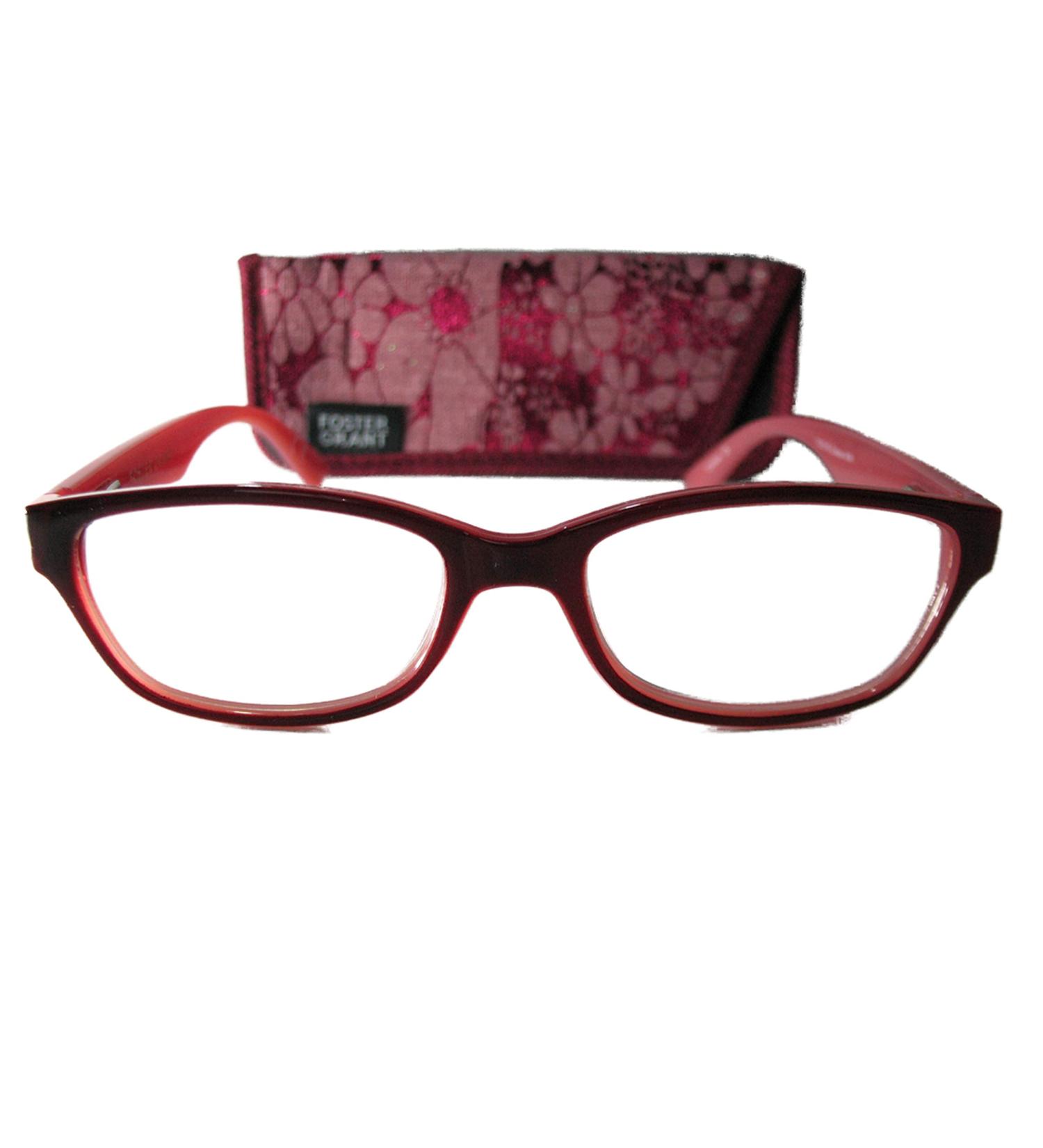 Foster Grant Carlee Burgundy Red Flower Womens Reading Glasses w/Case +1.25 Free Hard CASE + Microfiber Cloth