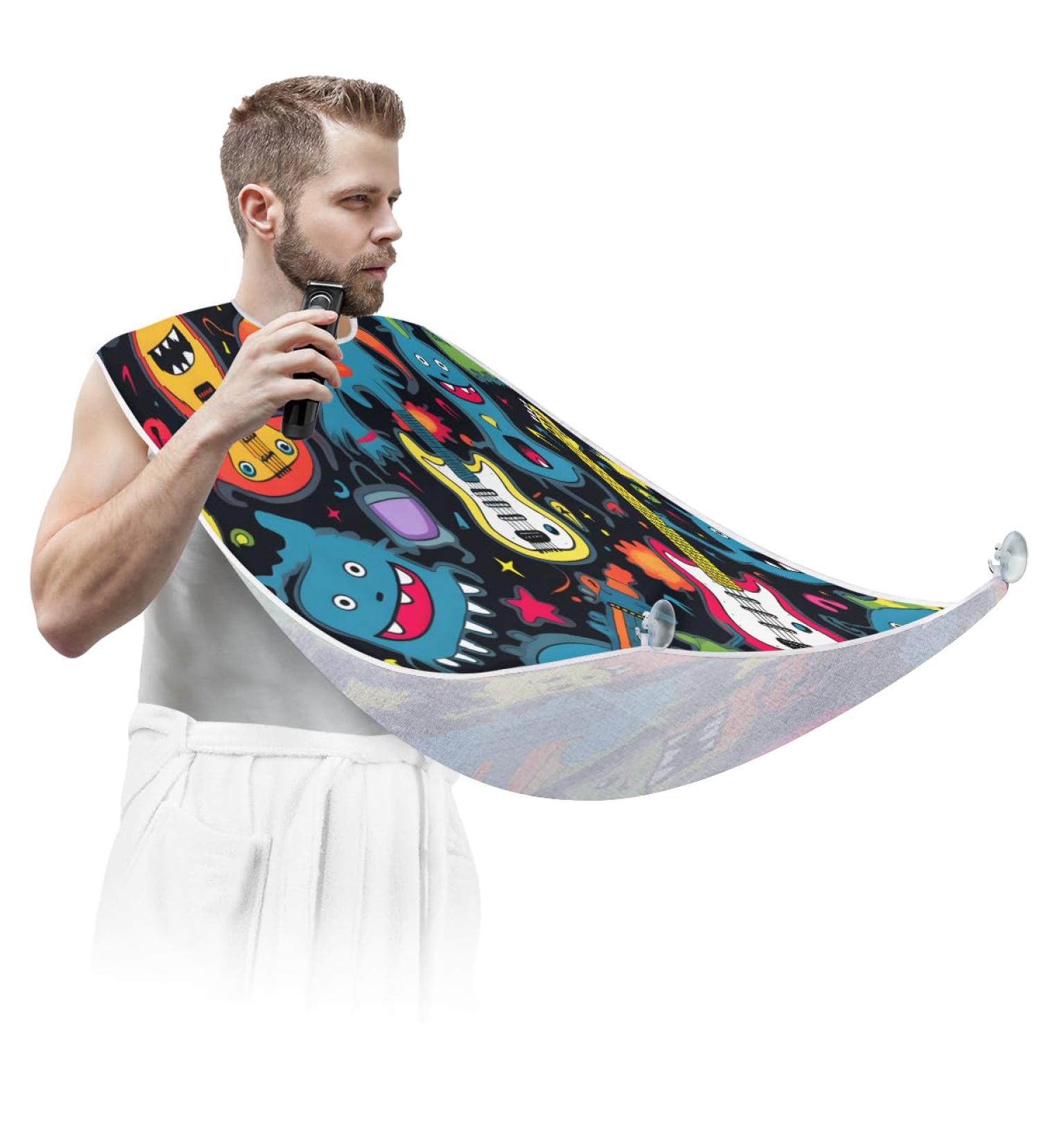Beard Bib Apron - Music Guitar Monster Doodle Hair Catcher for Men | Perfect Gift for Dad on Father's Day Anniversaries & Christmas | Includes 2 Suction Cups - Buy Online on GoSupps.com