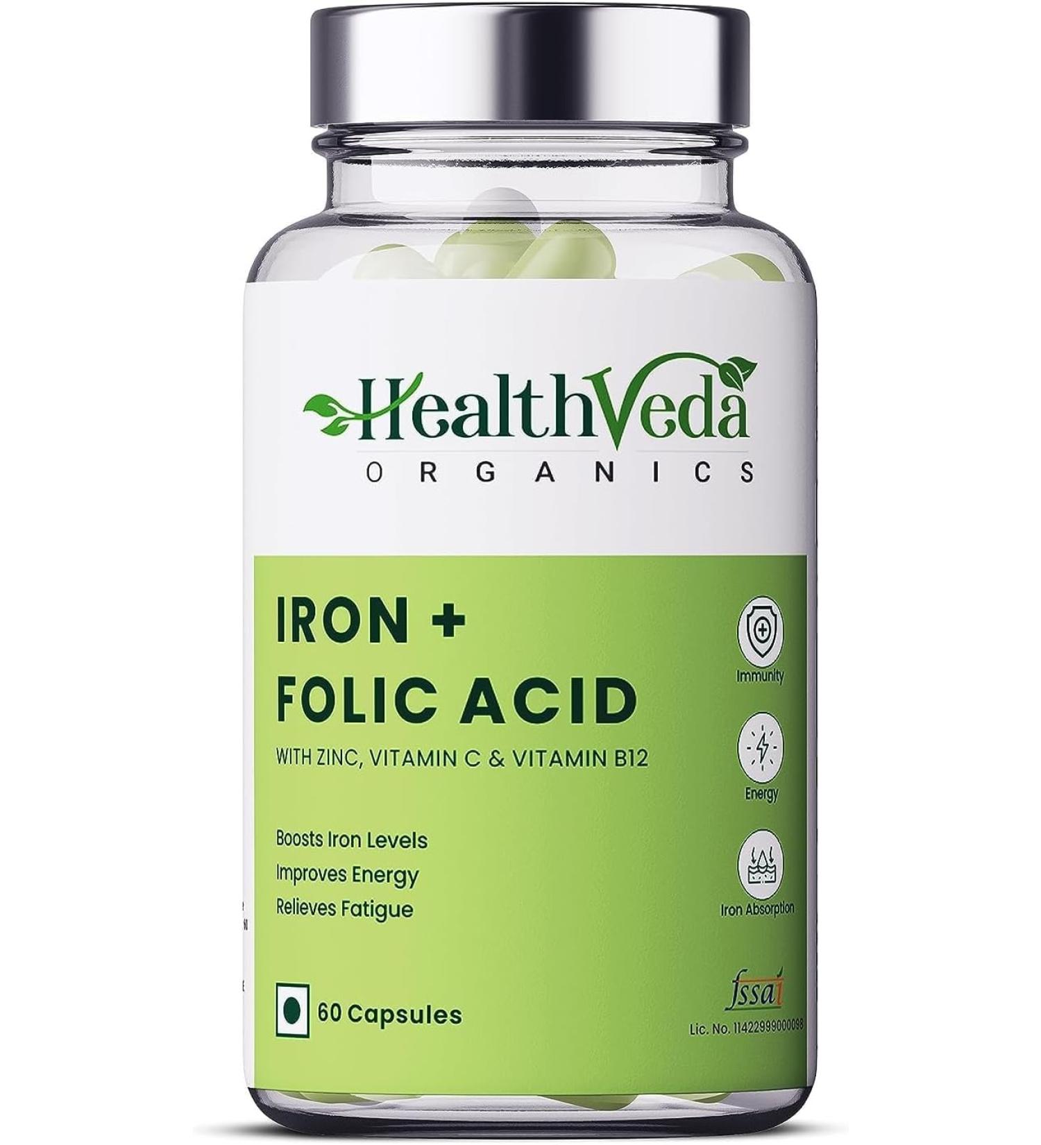 Iron + Folic Acid Supplement with Zinc Vitamin C & Vitamin B12 | 60 Veg Capsules | Supports Immunity and Energy | Enhances Iron Absorption| for Both Men & Women - Buy Online on GoSupps.com