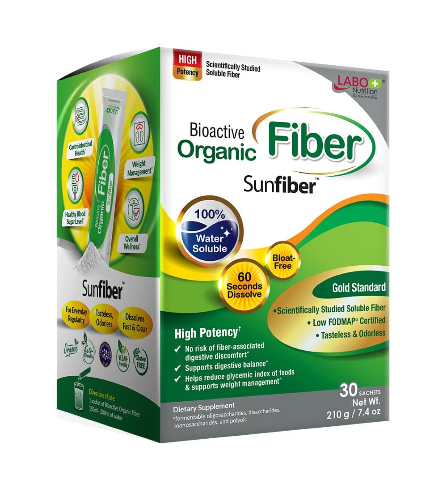 LABO Nutrition Bioactive Organic Fiber Sunfiber Soluble Prebiotic Fiber Supplement Support Healthy Digestive Intestinal Wellness with Partially Hydrolyzed Guar Gum Low-FODMAP Non-GMO 30 Sachets - Buy Online on GoSupps.com