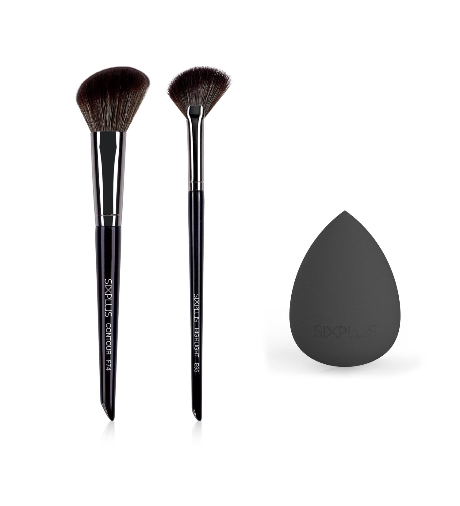 SIXPLUS 3 Pc Black Makeup Brush Set - Bronzer Blush Highlighter & Blender Sponge for Powder Cream & Liquid - International Shipping Available - Buy Online on GoSupps.com
