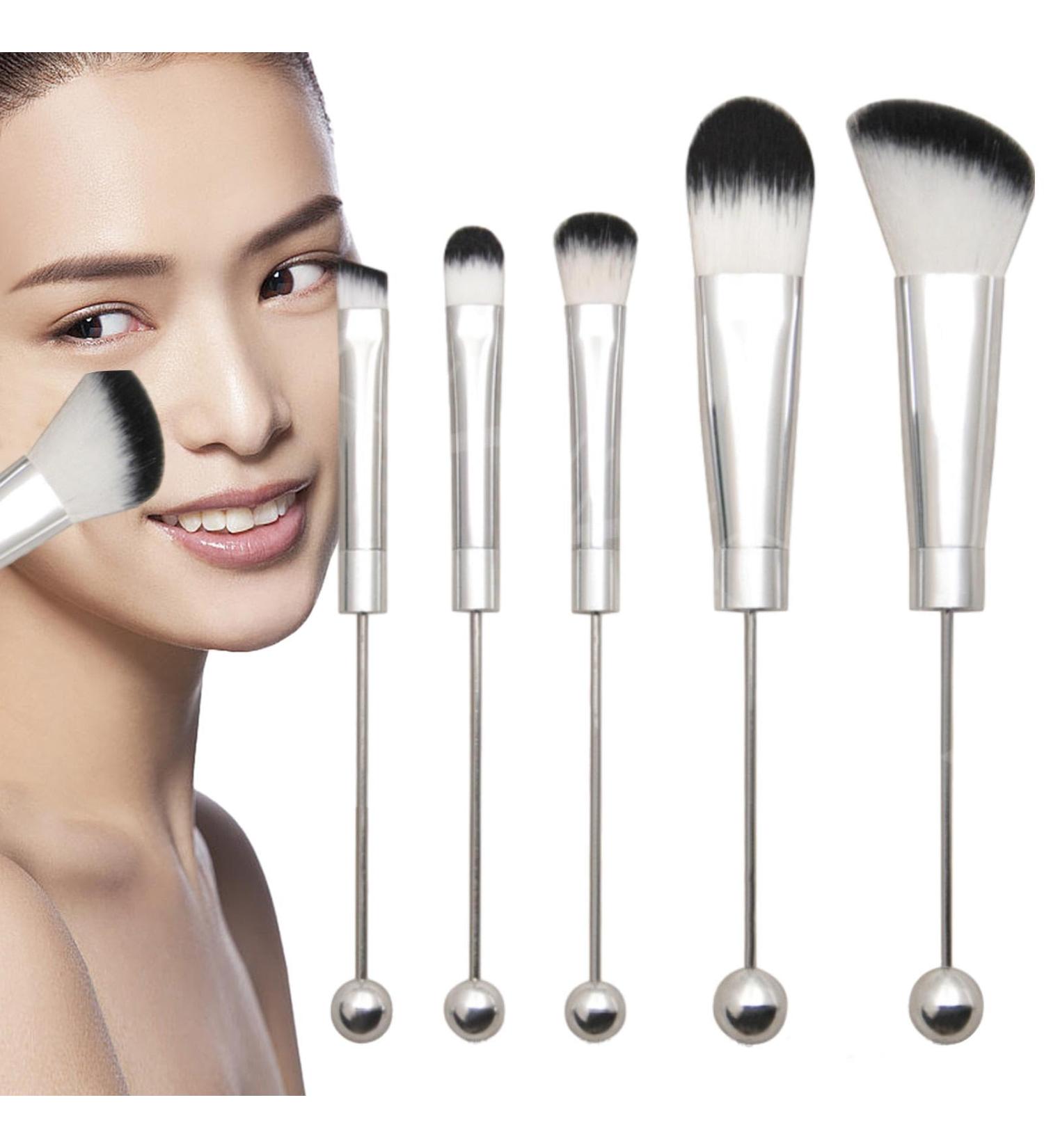 Beadable Makeup Brushes Synthetic Kabki Foundation Blending Brush Face Powder Blush Concealers Eye Shadow Brushes Face Mcsk Shadow Cosmetic Brushes For Girls Silver handle - green pcak hair on white background - Buy Online on GoSupps.com