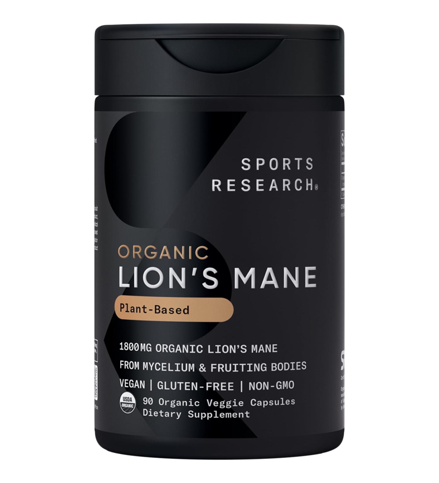 Sports Research Organic Lion's Mane Mushroom Supplement 1800mg - Brain Health Focus & Cognitive Supports - USDA Certified Organic Non-GMO Vegan - 90 Count Capsules - Buy Online on GoSupps.com