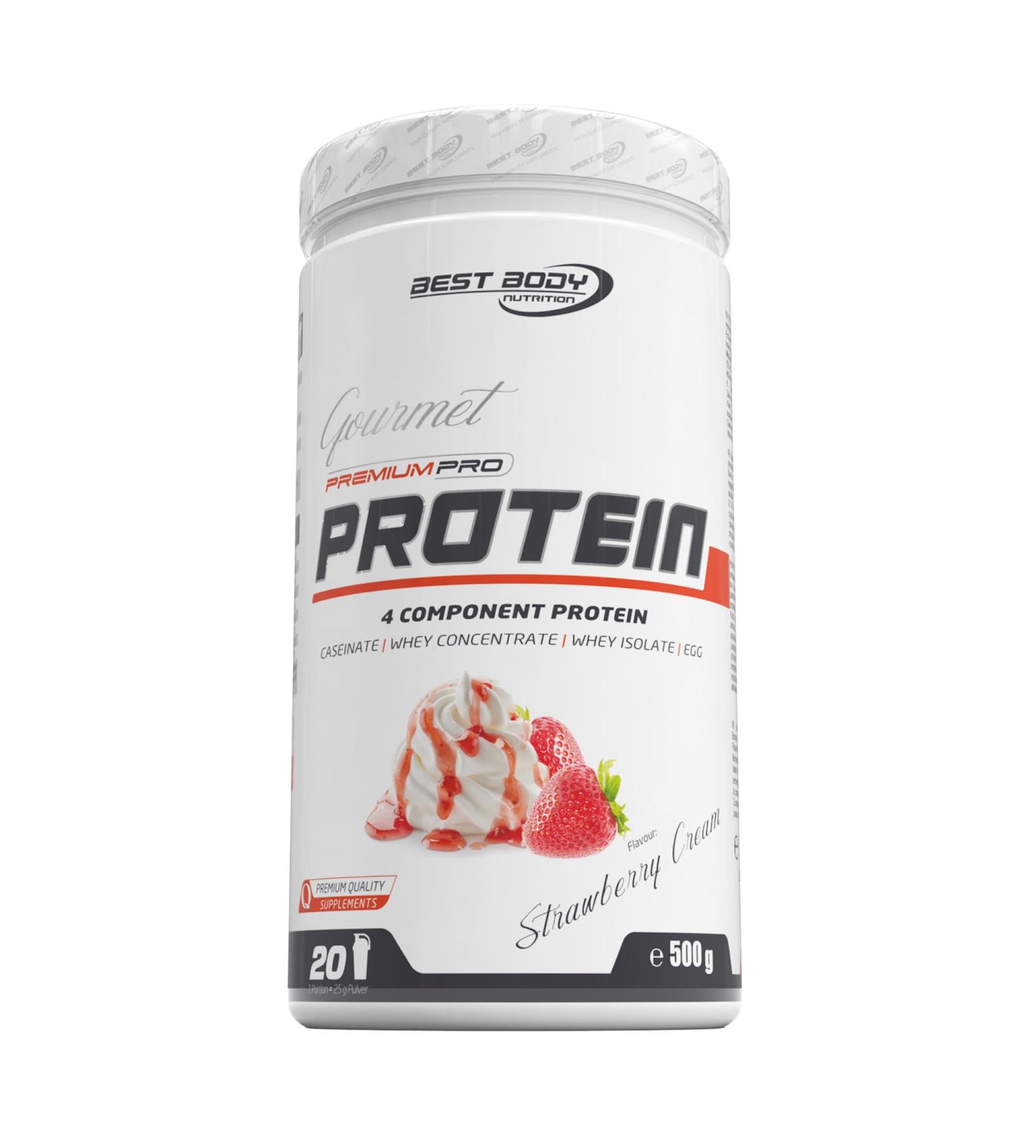 Best Body Nutrition Gourmet Premium Pro Protein Shake - Strawberry Cream 500g | 4-Component Blend: Caseinate Whey Concentrate Isolate & Egg Protein | International Shipping Available - Buy Online on GoSupps.com