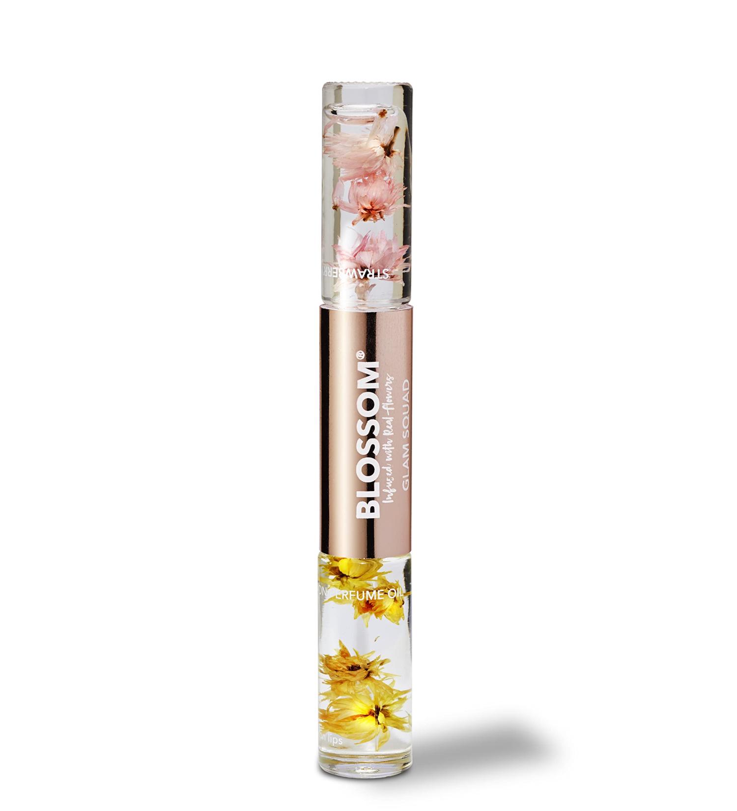 Blossom Glam Squad - Moisturizing Roll on Lip Gloss (0.1 fl. oz/6g) + Roll on Perfume Oil (0.1 fl. oz/6g) Infused with Real Flowers Made in USA 0.2 fl. oz./12g Strawberry/Honey Jasmine Strawberry/ Honey Jasmine