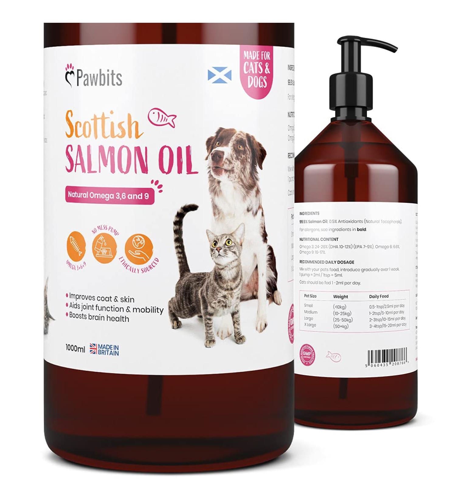 Pawbits 1 Litre Scottish Salmon Oil For Cats & Dogs - Natural Omega 3+6+9 Healthy Coat & Immune System Fish Oil 1 l (Pack of 1) - Buy Online on GoSupps.com