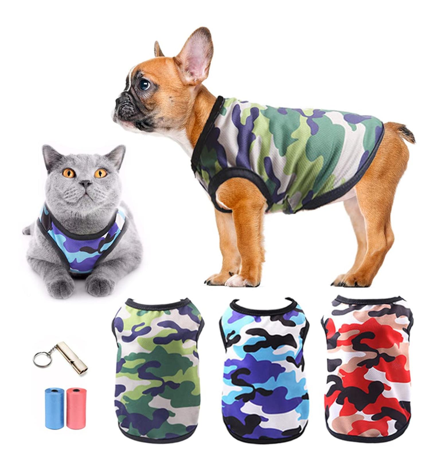 Shop TVmall 3-Piece Dog T-Shirts - 100% Cotton Breathable Mesh Pet Wear for Small Dogs & Cats | Camo Summer Vests in Green Blue & Red - Buy Online on GoSupps.com