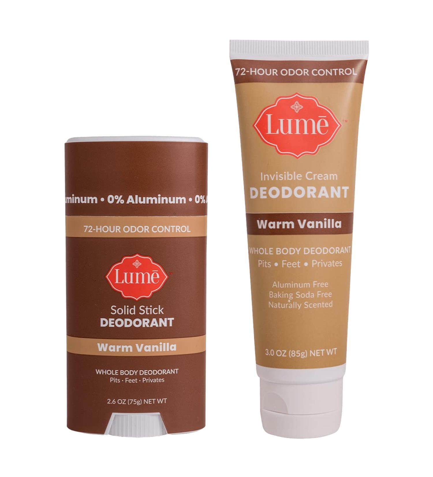 Lume Natural Deodorant Bundle - Aluminum and Baking Soda Free - Hypoallergenic for Sensitive Skin - Warm Vanilla Scent - Travel Tube + Solid Stick - Buy Online on GoSupps.com