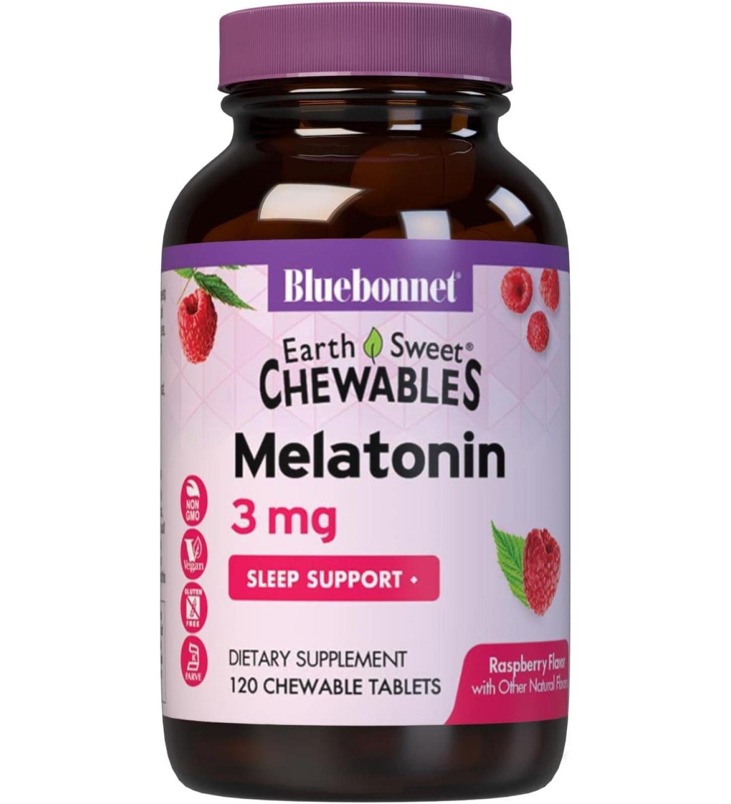 Bluebonnet Nutrition EarthSweet Melatonin Chewables â€“ 3 mg Raspberry Flavor, 120 Tablets - Buy Online on GoSupps.com