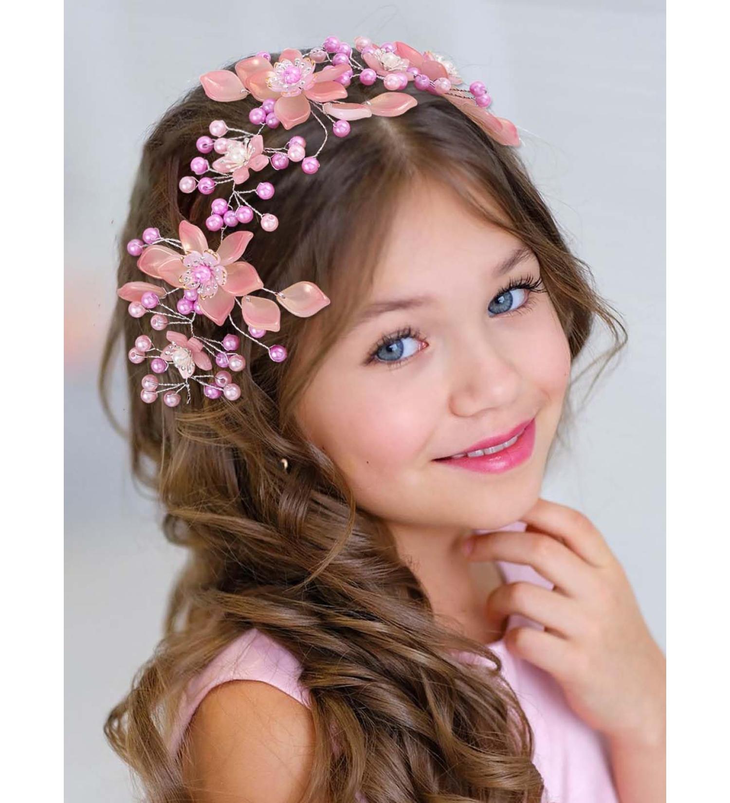 IYOU Flower Girl Hair Accessories Pink Pearl Communion Headpiece Birthday Bridal Wedding Headband for Girls - Buy Online on GoSupps.com